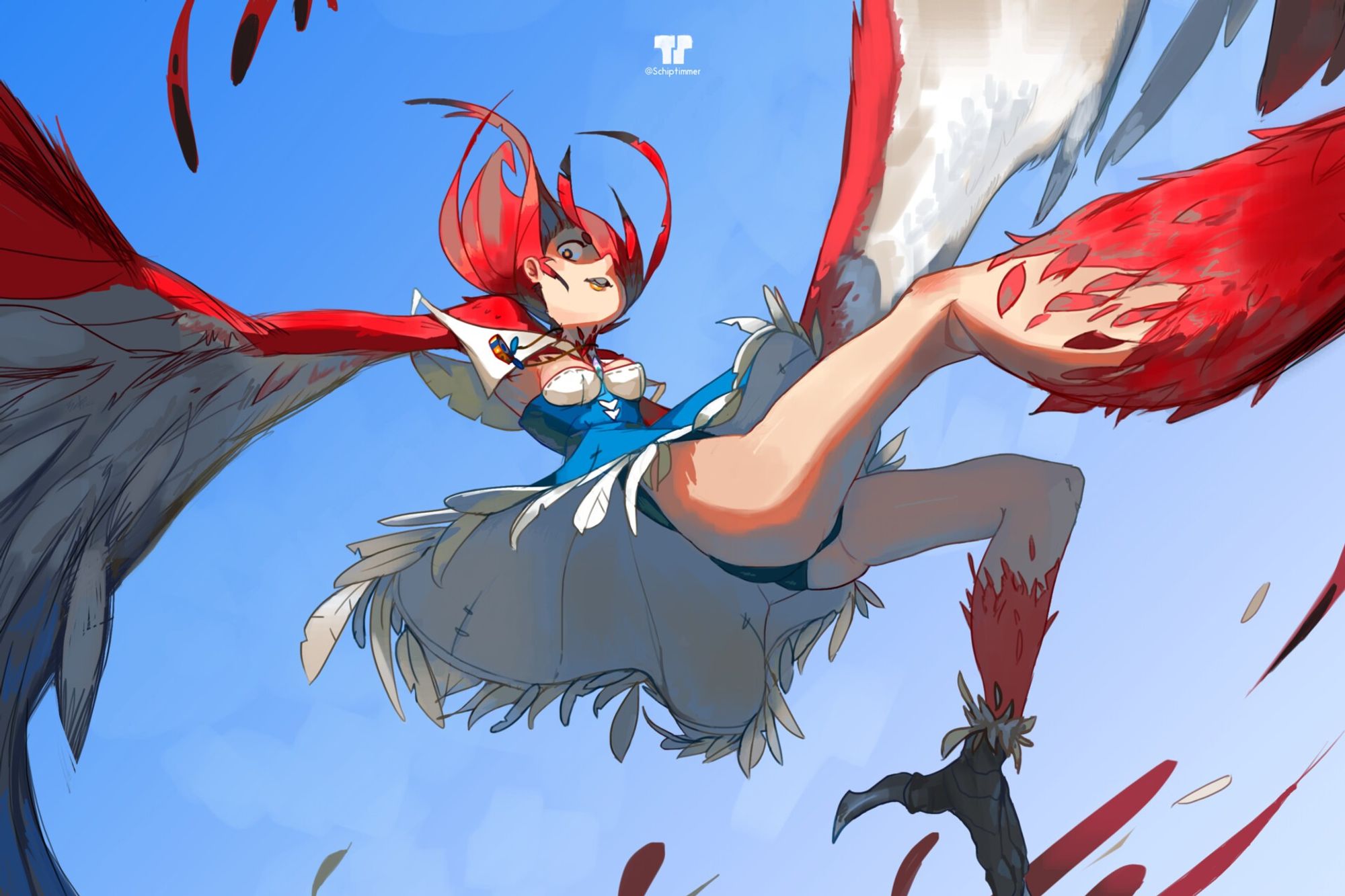 Harpy-like woman with red feathered wings and blue dress twirling in clear skies.