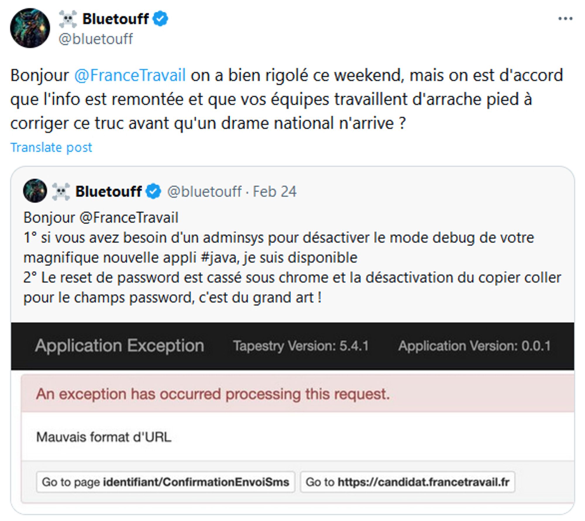 Capture d'écran du compte Bluetouff sur X qui interpelle France Travail sur des vulnérabilités trouvées sur leur site web en février 2024 après ne pas avoir reçu de réponse.