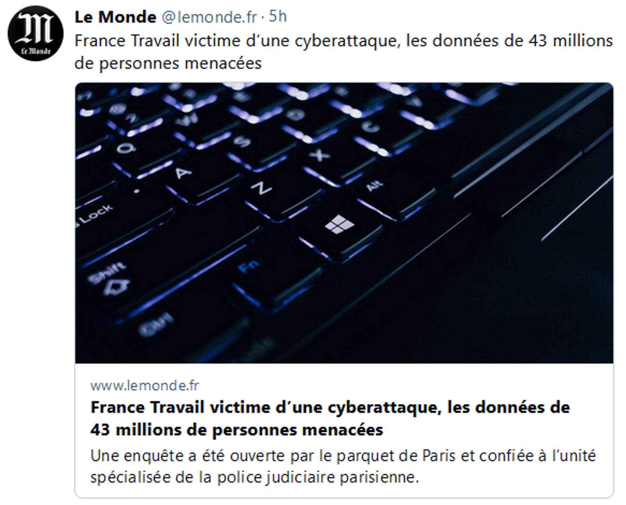 Capture d'écran de Bluesky, article du Monde sur une fuite nationale de données personnelles provenant de France Travail.