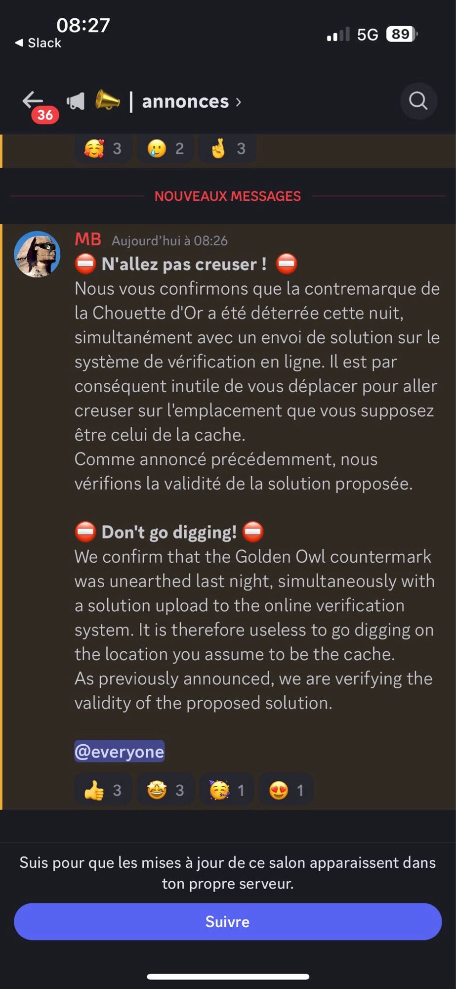 Capture d’écran d’un message Discord annonçant que la contremarque de la Chouette d’Or aurait été découverte.