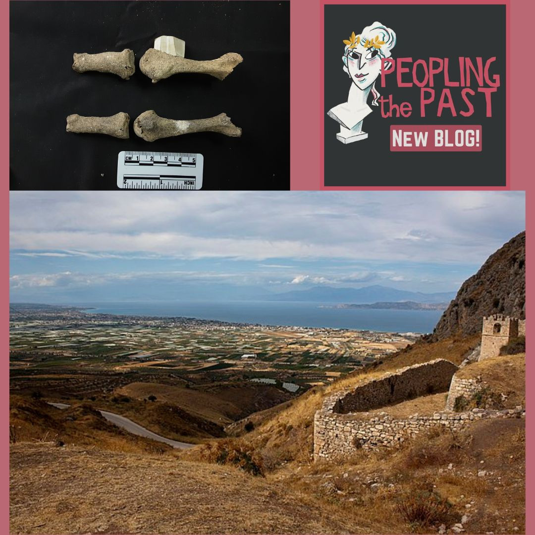 In the top left corner we see an image of human skeletal remains on a black table, with a scale bar. In the top right corner we see a logo reading "Peopling the Past: New Blog!". Below these two smaller images is a photo of a landscape scene from Greece; taken at the top of a hill looking down into a valley with the sea in the distance.