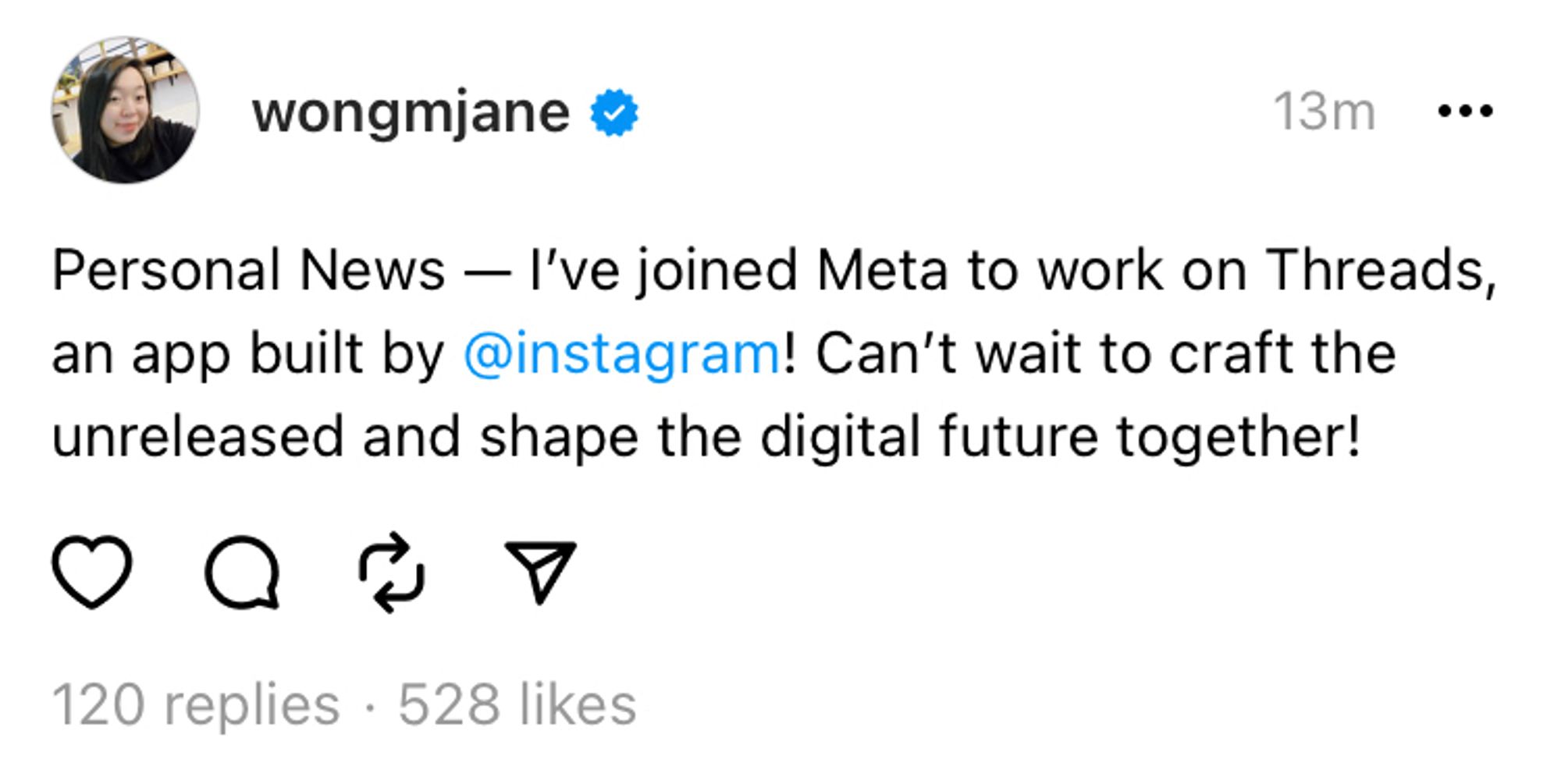 Screenshot of the Threads app from @wongmjane: Personal News — I’ve joined Meta to work on Threads, an app built by @instagram! Can’t wait to craft the unreleased and shape the digital future together!