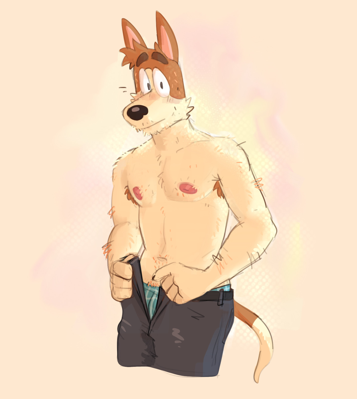 Bucky shirtless pulling on his pants, you can see a bit of his boxers peaking out. He looks flustered, like you walked in on him getting ready for work. 