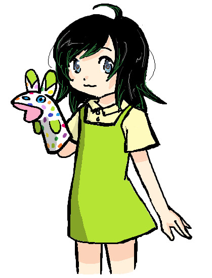 girl with black hair and green hair strands, wears a light-green short dress and light-yellow blouse, she has a hand puppet shaped like a bunny in her hand which has many different coloured dots on it