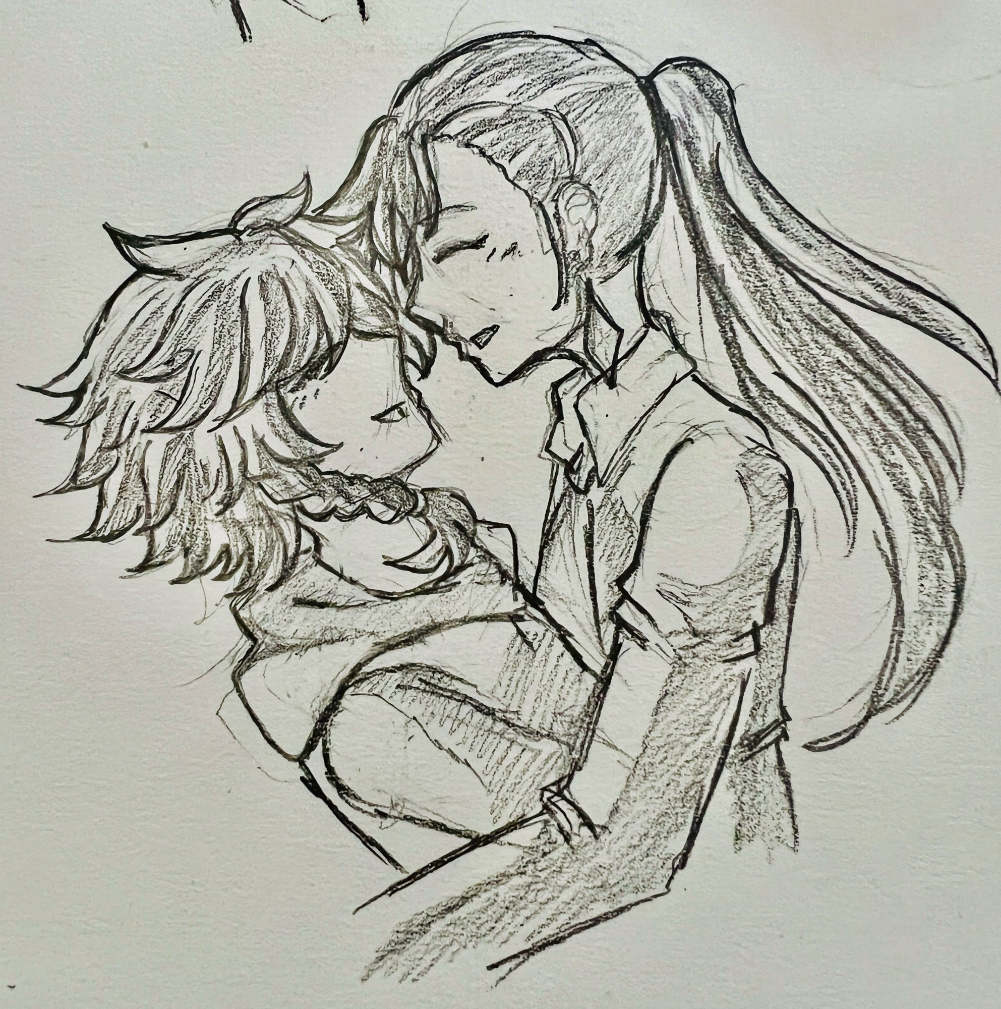 A traditional sketch of two original characters from a side view. They are happy and holding each other