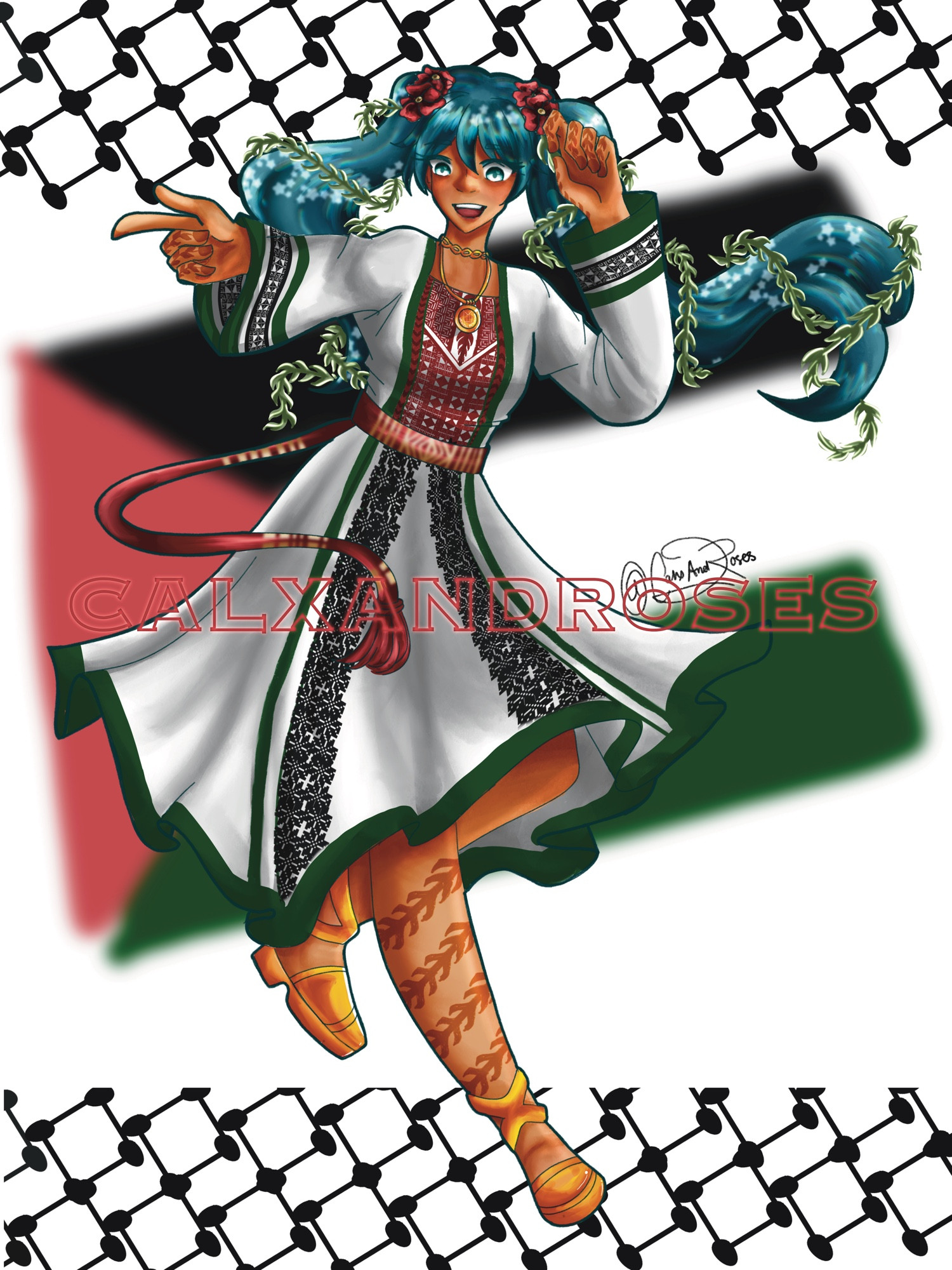 A full body digital artwork of Hatsune Miku if she was Palestinian 