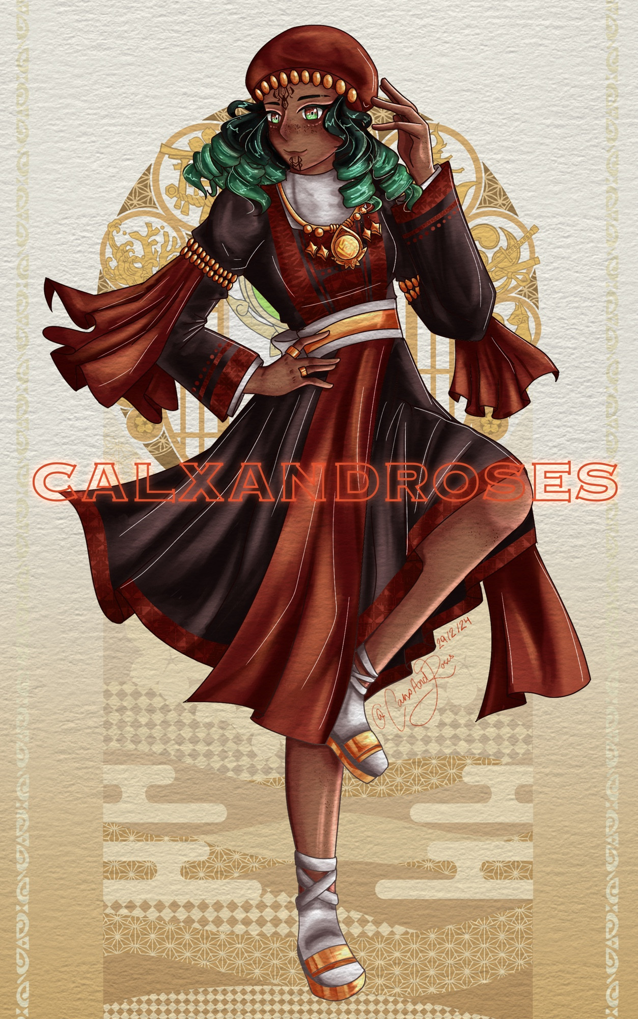 A full body digital art of an OC. She is wearing traditional Palestinian clothing. 