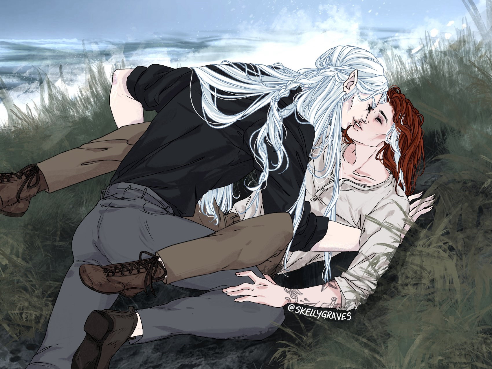 A digital illustration of the two main characters from A Bone in His Teeth by Kellen Graves. Albatross Marsh, a pale red-haired trans man, and Eridanys, a merrow who is in a human form with pale skin and long white hair. They are lying together and sharing a kiss in long grass by the ocean.