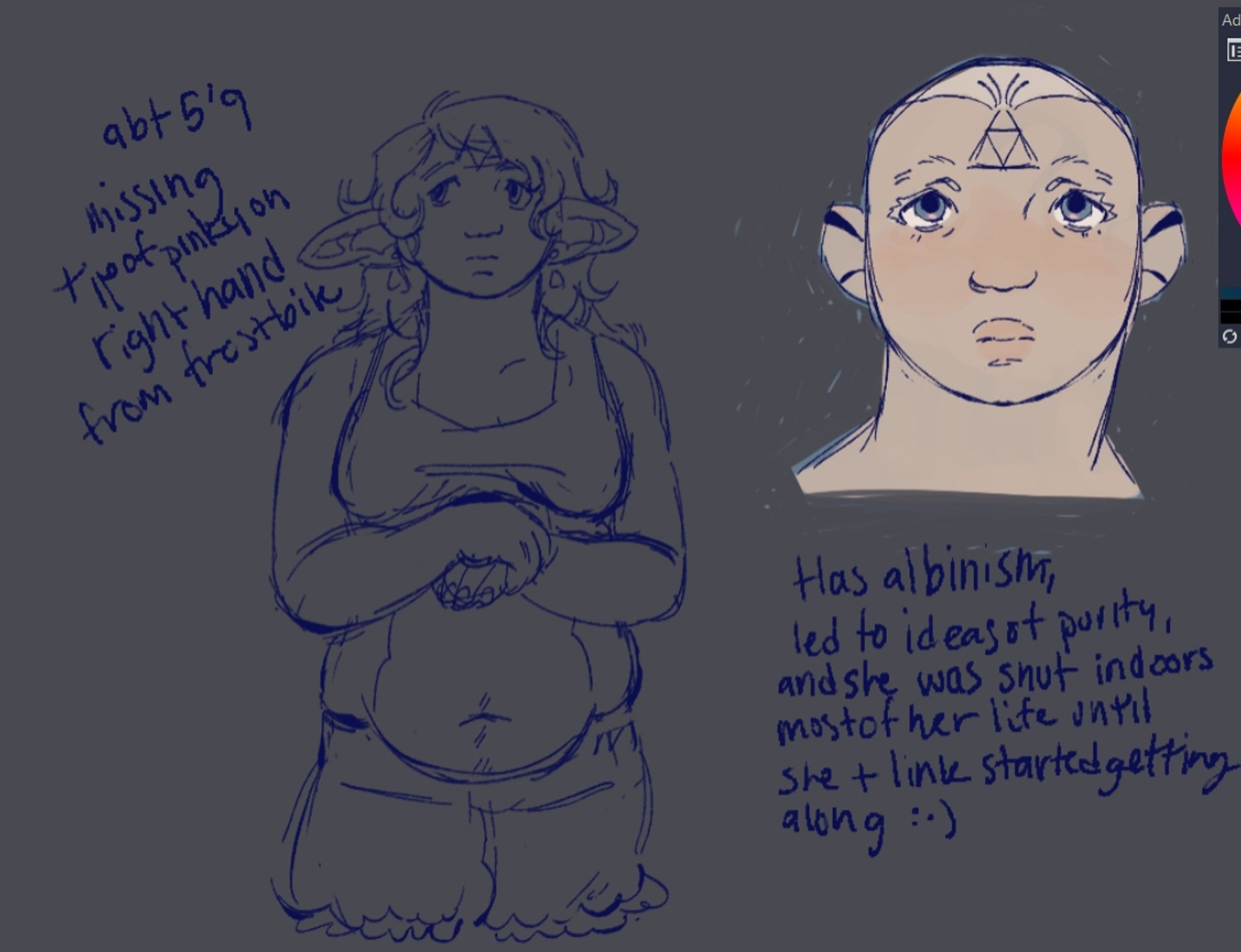 Text reads, "About 5'9. Missing tip of pinky on right hand from frostbite", and "Has albinism, led to ideas of purity and she was shut indoors most of her life until she and link started getting along"