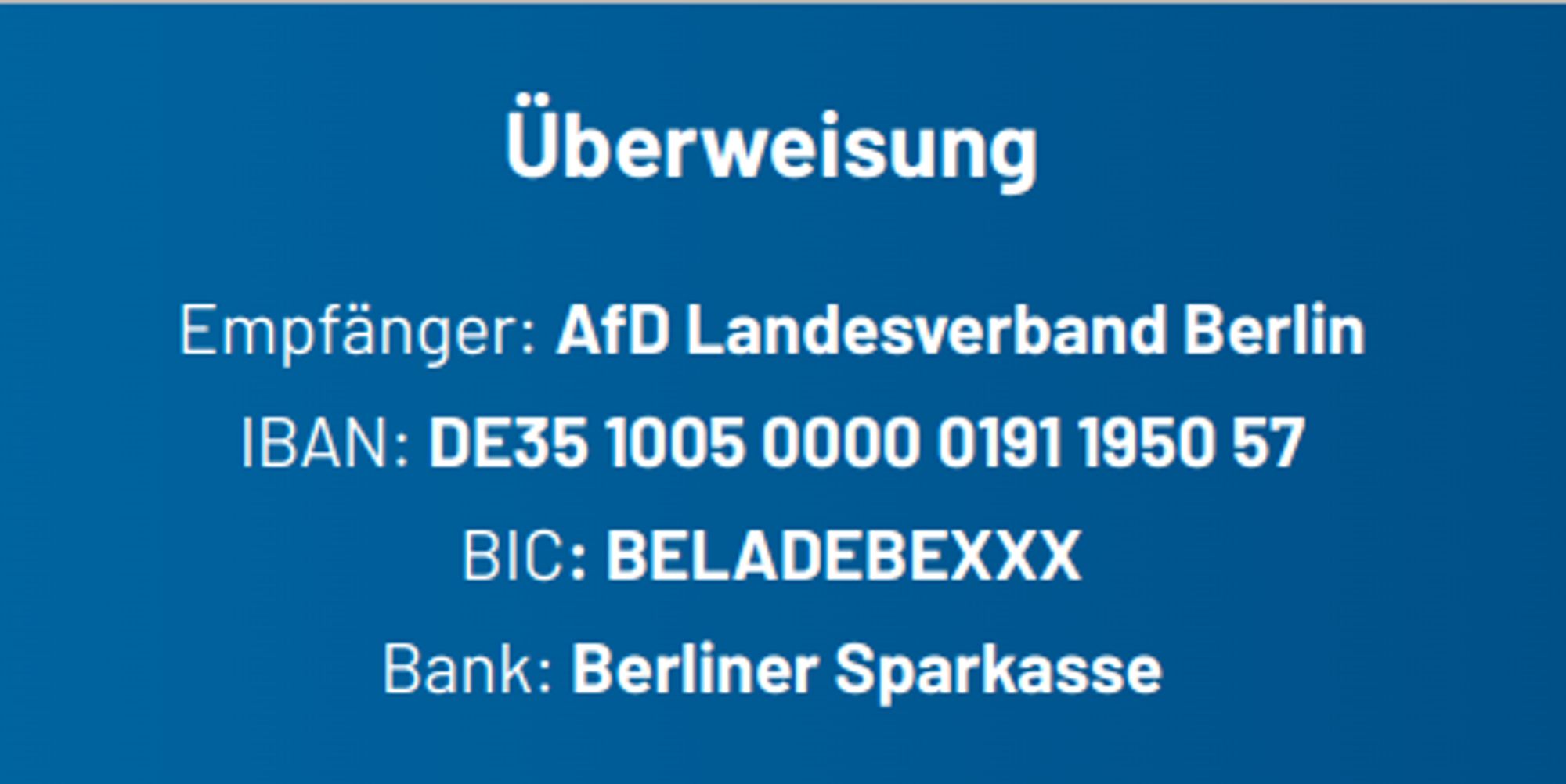 Das Bild zeigt die Bankverbindung der AfD Berlin bei der Berliner Sparkasse