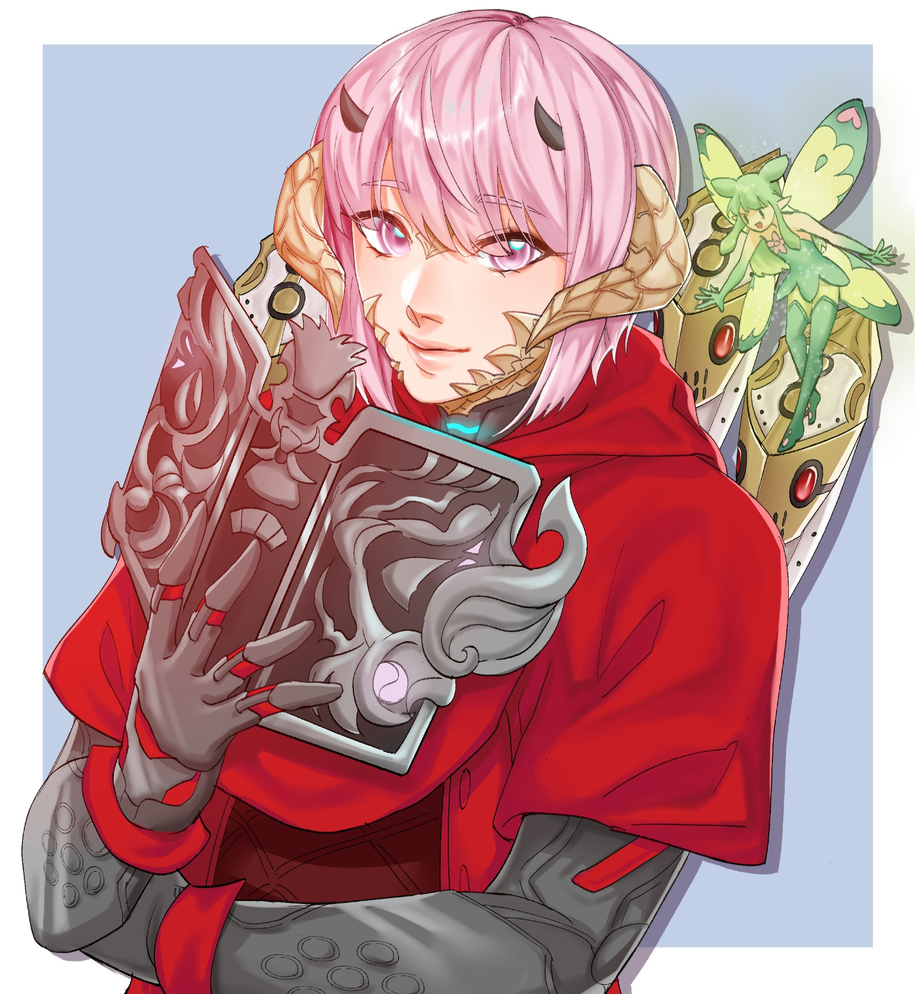 Ayvuir the pink haired lizard vtuber wears his conventional red clothing wields his magical Scholar tome. On his back are his four ivory nouliths and his trusty healing fairy Eos floating over his shoulder.
