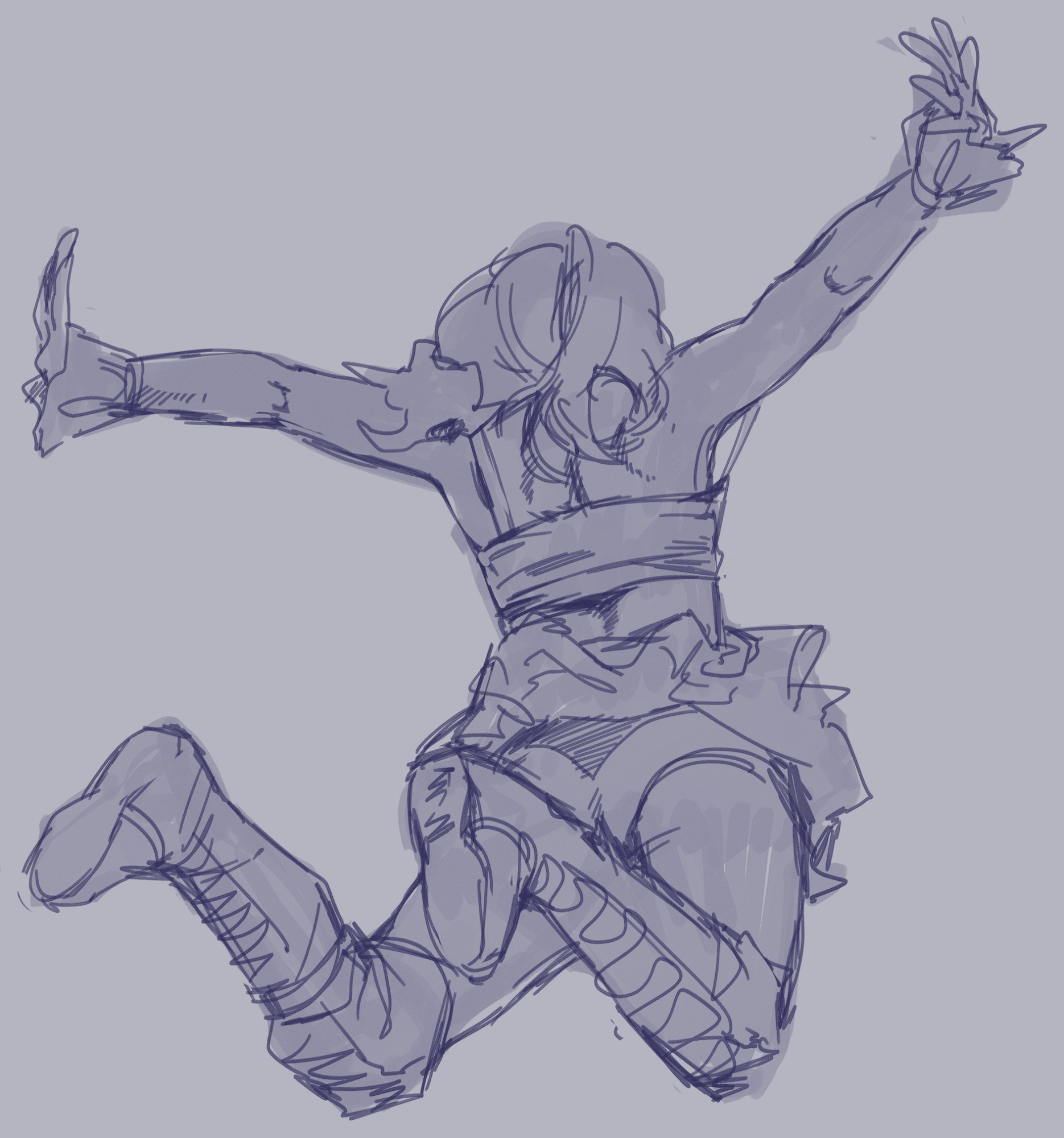 Sketch of a woman wrestler jumping with her back turned towards the camera and her arms thrown to the sides.