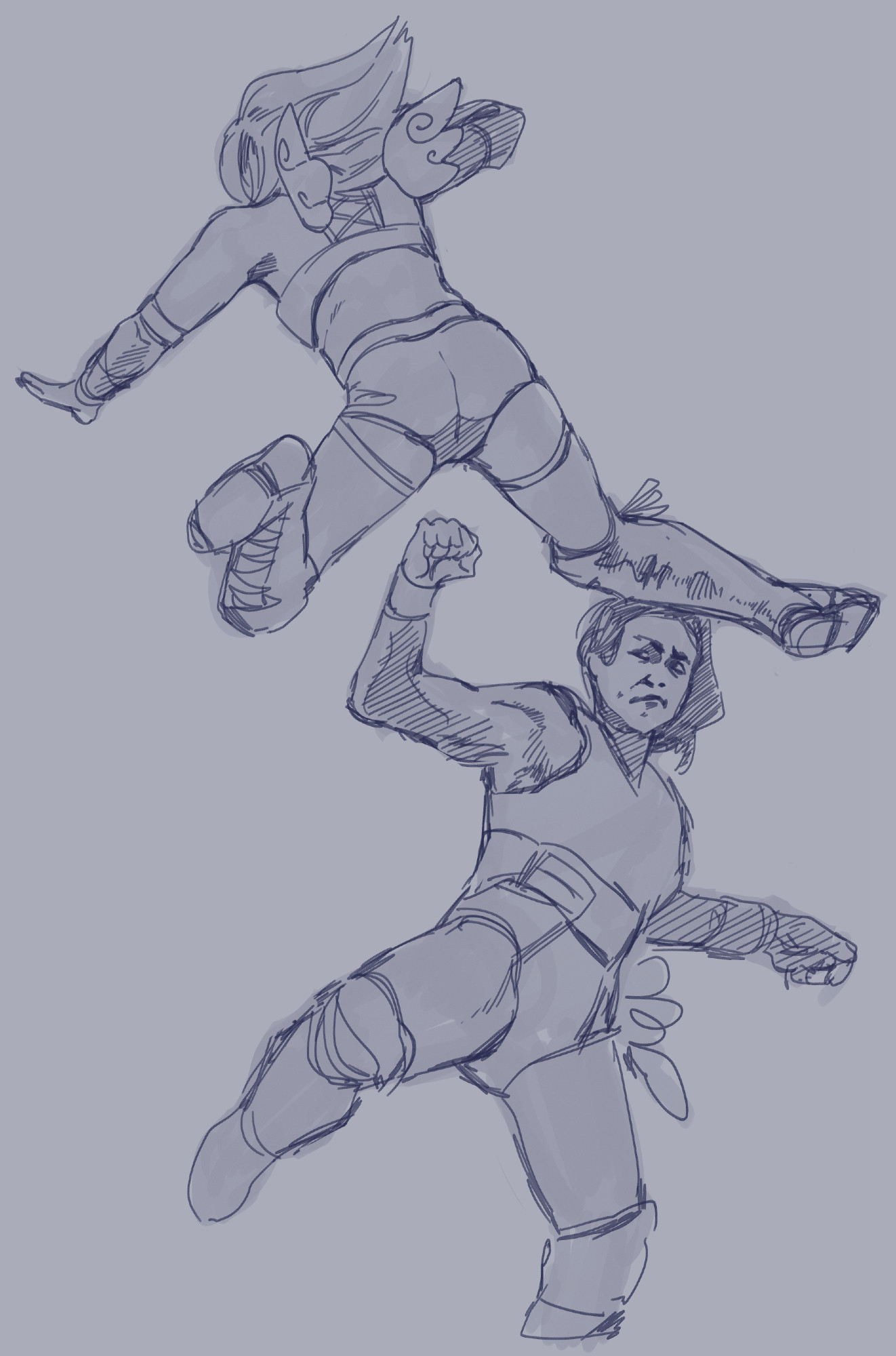 Sketch of two women wrestlers. One is in the air while the other is punching up.