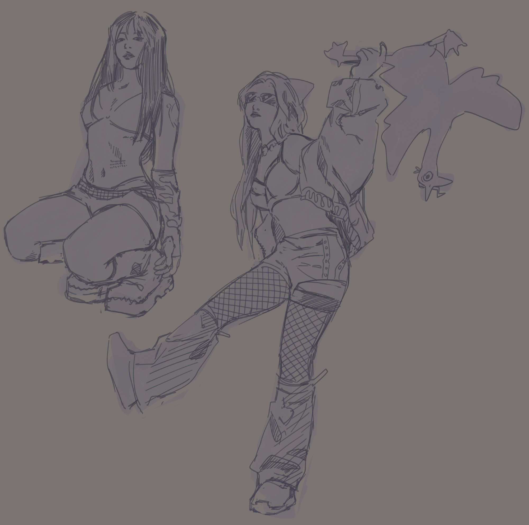 Sketch practice depicting 2 women. One is squatting while the other is standing on one leg