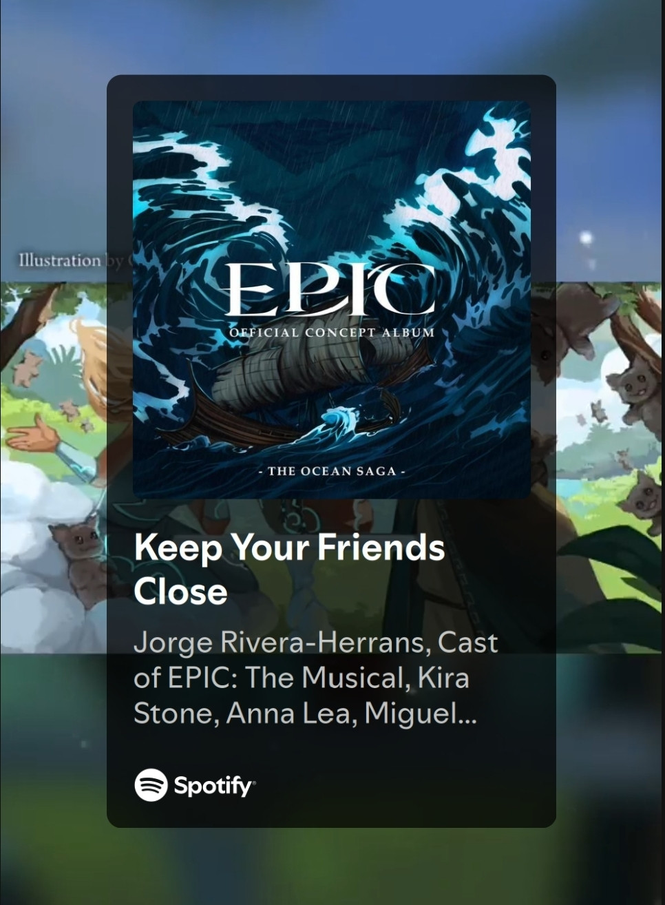 Album cover for "Keep Your Friends Close by Jorge Rivera-Herrans, Cast of EPIC: The Musical, Kira Stone, Anna Lea, Miguel Veloso, Armando Julián, Steven Rodriguez. Illustration of blue waves consuming a ship at sea