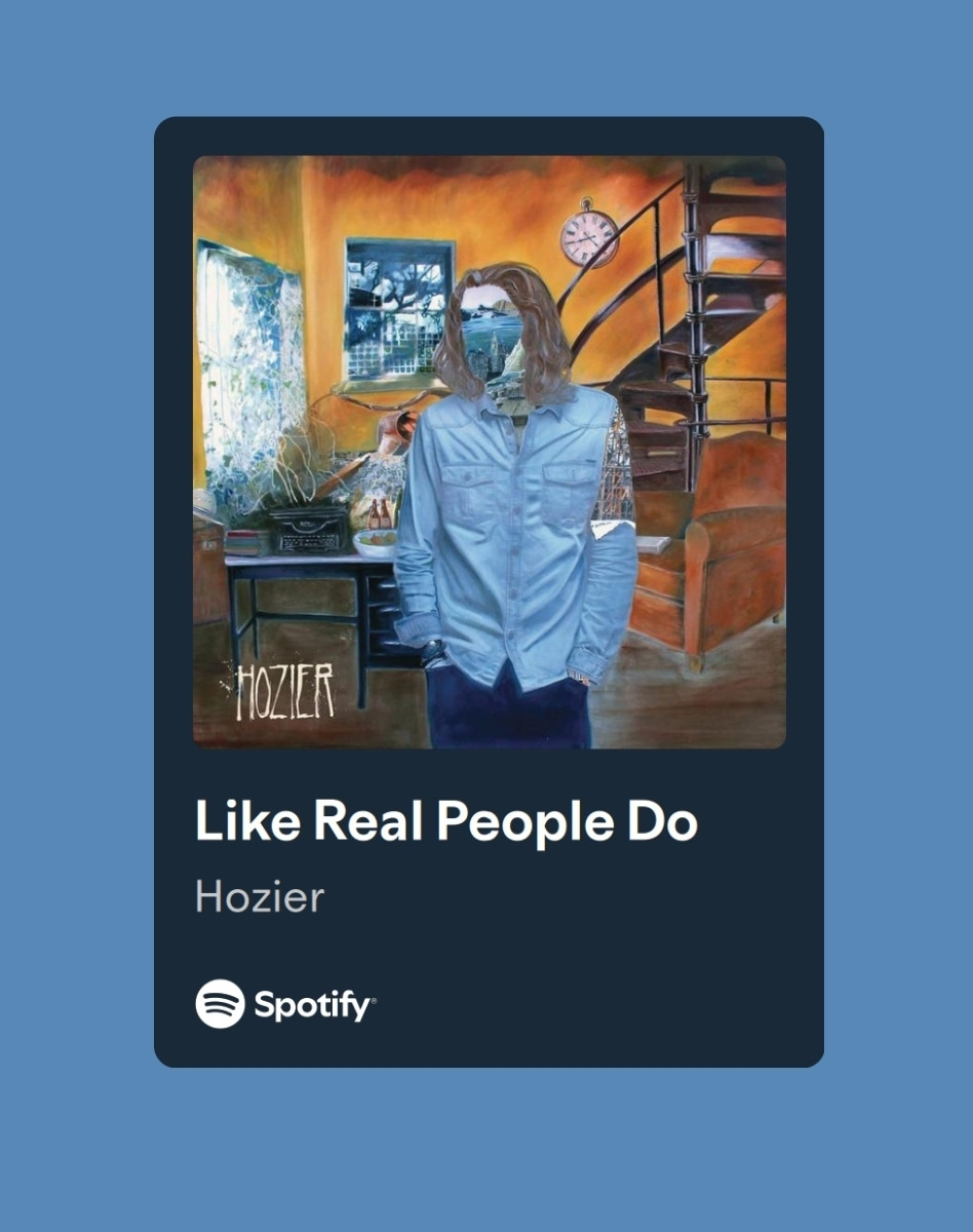 Album cover for "Like Real People Do by Hozier" abstract art of Hozier standing in a living room with a desk, spiral staircase, couch, and window