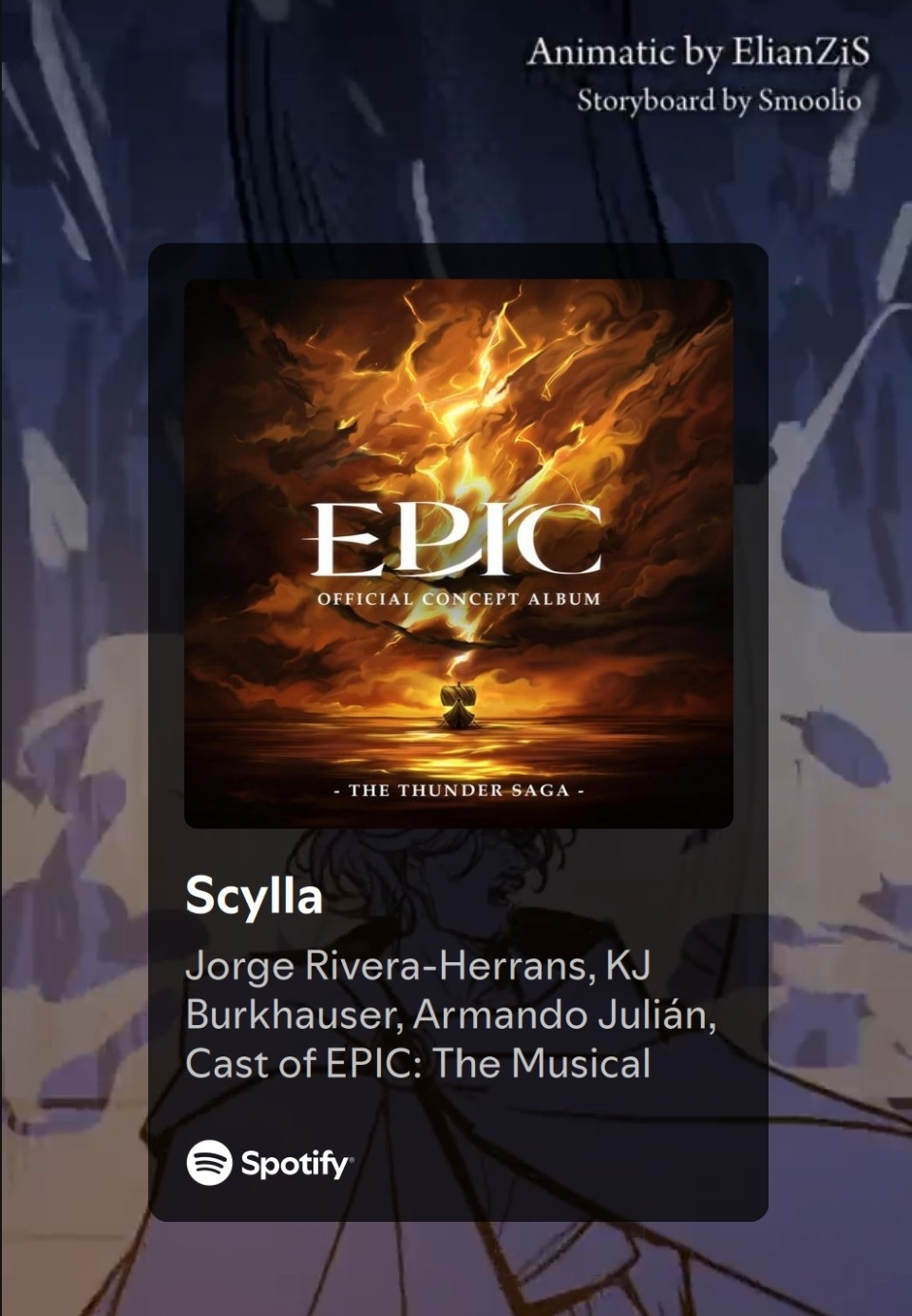 Album cover for "Scylla by Jorge Rivera-Herrans, KJ Burkhauser, Armando Julián, Cast of EPIC:The Musical" painting of orange lit lightning striking a boat out at sea