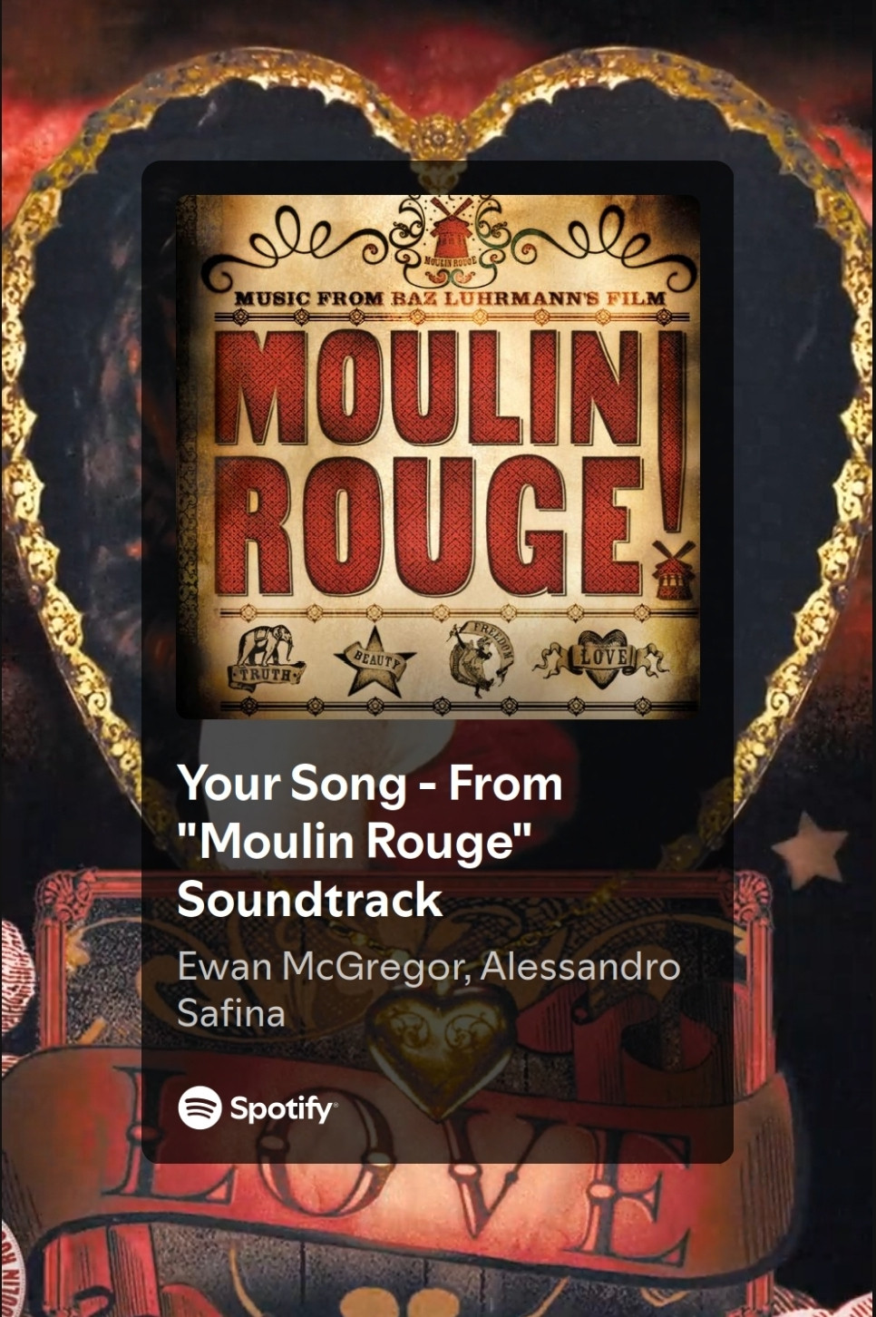 Album cover for "Your Song - From "Moulin Rouge" Soundtrack by Ewan McGregor, Alessandro Safina" beige background with red text of the movie title "Moulin Rouge" with a vignette over the corners