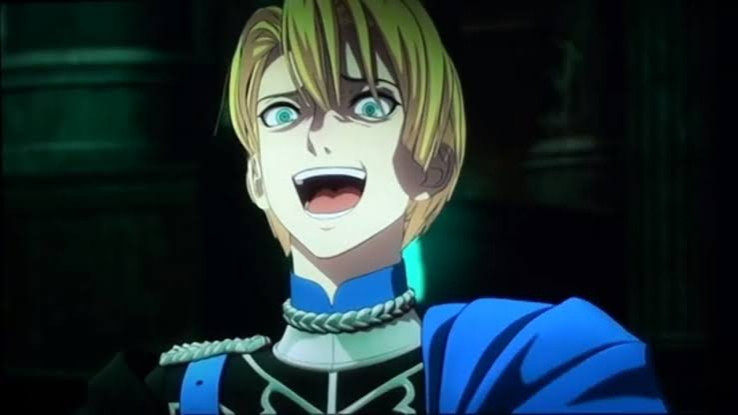 A screenshot of Dimitri from Fire Emblem Three Houses from the cutscene where he loses it. He's throwing his head back in laughter but still glaring forward at the target of his ire