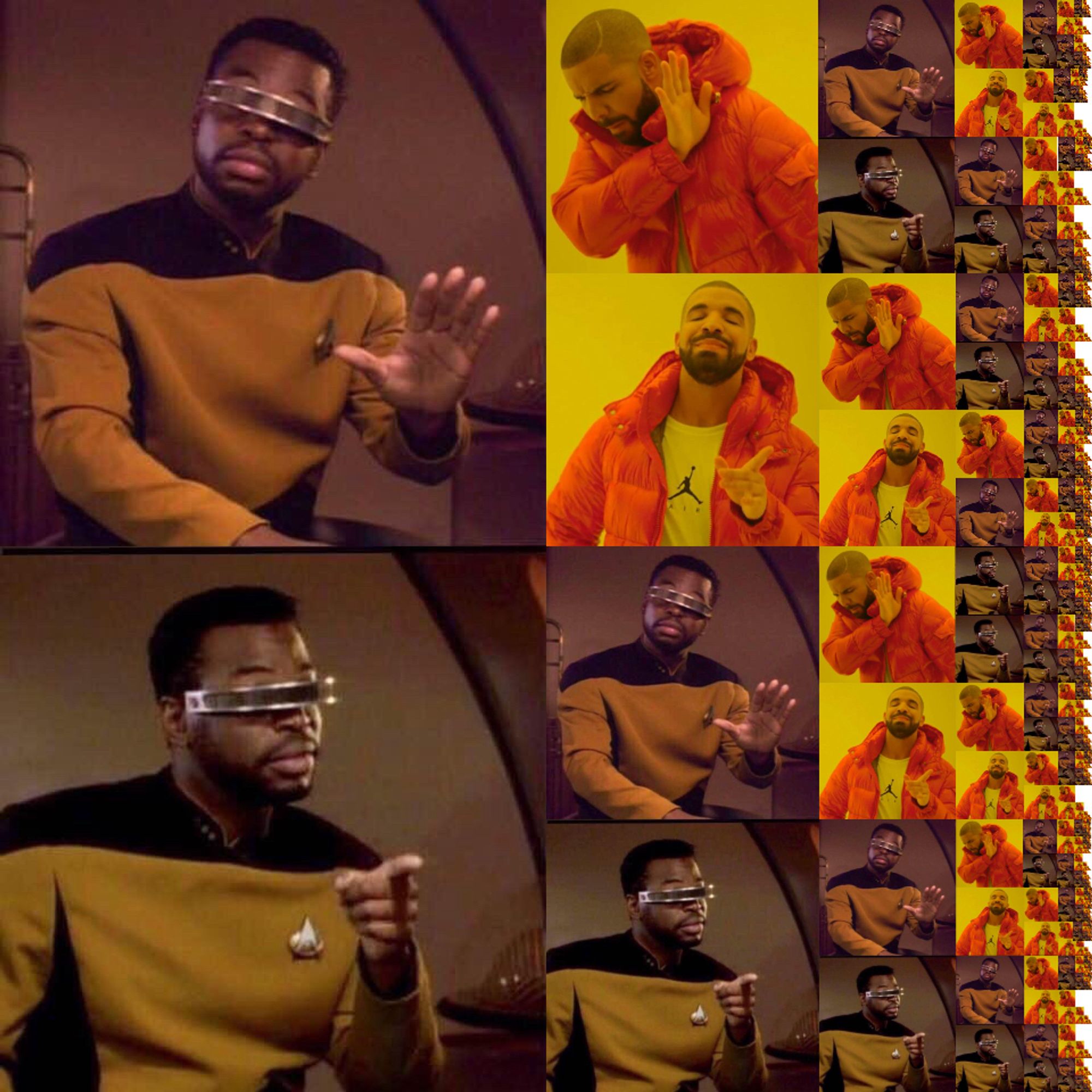 Geordi LaForge vs Drake meme taken to its logical conclusion in a never ending recursion which likely can only be fixed by something involving tachyons or adjusting the antimatter flux or something