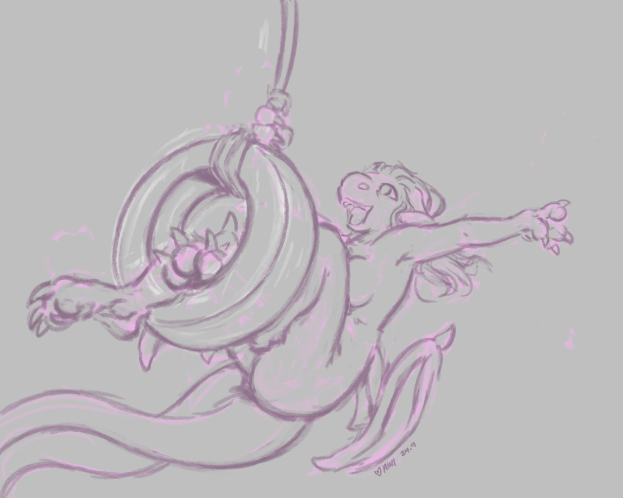 Digital sketch. Minerva, an anthro dragon, riding a tire swing carefree. She leans back, one arm outreached, smiling wide.