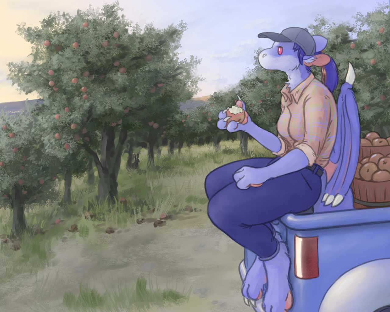 Mixed digital drawing and painting. Minerva, a blue anthro dragon, in an apple orchard. She is seated on the tailgate of a pickup truck, holding an apple with a bite taken, and looking somberly at the sunset.