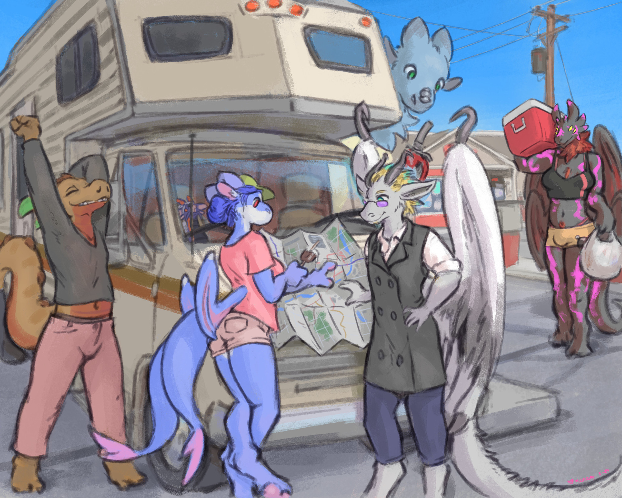 Color digital drawing. A scene of five anthro dragons and an RV at a gas station. From left to right:

Daverage is a red and maroon dragon in a black shirt and rusty pink pants, stretching near the RV door midriff bared slightly.

Minerva is a blue and white furry dragon, wearing a pink shirt, tan shorts, and a green baseball cap. She's at the hood of the RV with a large roadmap, pointing to a spot on it, and holding an ice cream treat.

JT is a gray dragon with a yellow and cyan feathered mane, large patagial wings partially covered wtih feathers, and a long tail. They are wearing a long double-breasted black vest, a white dress shirt, dark blue dress pants, and their signature purple glasses. They are also looking at the map.

Miles is a very tall blue furry dragon in a yellow sweater, mostly obscured by the RV and operating the gas pump.

Val is a tall black and red dragon with glowing purple tattoo-like markings all over her body, wearing a cropped tank top and yellow short shorts.