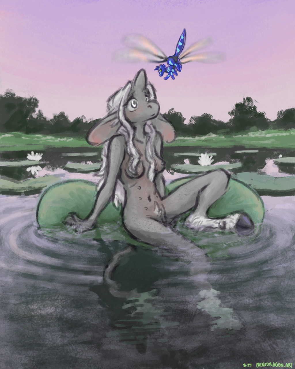 Mixed digital drawing and painting. Lily, a gray anthro unicorn, is seated nude on a lily pad in a lake. A blue dragonfly-like fairy hovers above her nose.
The lily pad is partially submerged under Lily's weight. Lake water covers her lap, and one of her legs and her tail are beneath her in the water. She is relaxed, leaning on one arm, breasts and groin exposed. The fairy is a small anthro reptile like a dragon or kobold, with four arms, dragonfly wings, and a body shape reminiscent of a dragonfly. Their anus is visible, a small x.
The lake is dotted with lilies and lily pads, surrounded by muted green grass and dark trees. The sky is lavender purple.