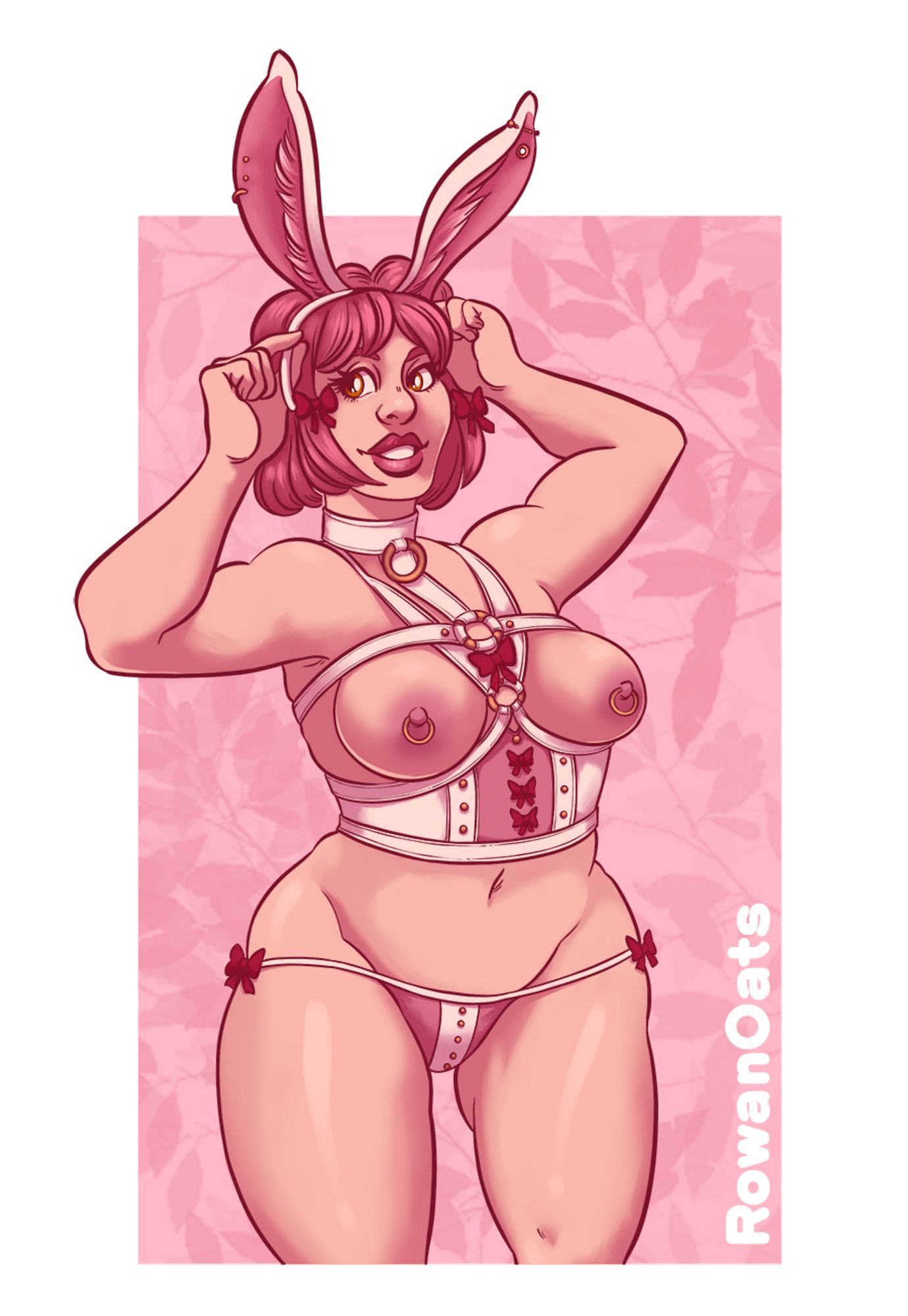 An illustration of a girl in her late 20s. She has pink hair cut in a bob that reaches her jawline, with bangs. She's putting on a headband with fake white bunny ears. She's wearing a white and pink underbust corset with straps and o-rings that go up her chest. She also has a white and pink thong and a white collar around her neck. Both the corset and thong are decorated with red bows. Her breasts are exposed, nipples pierced with rings. She looks happy and excited to dress up for Halloween. 

The whole image is mainly in pinks and peach, against a pink background with darker pink abstract foliage. The signature says, in a cartoonish font: Rowan Oats.