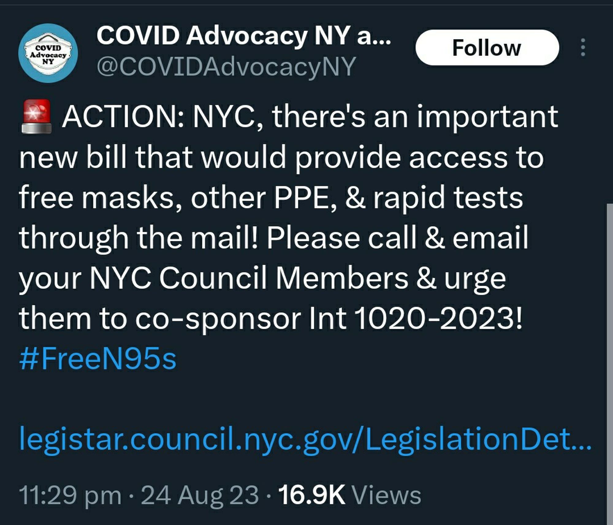 @COVIDAdvocacyNY on Twitter 
ACTION: NYC, there's an important new bill that would provide access to free masks, other PPE, & rapid tests through the mail! Please call & email your NYC Council Members & urge them to co-sponsor Int 1020-2023! #FreeN95s