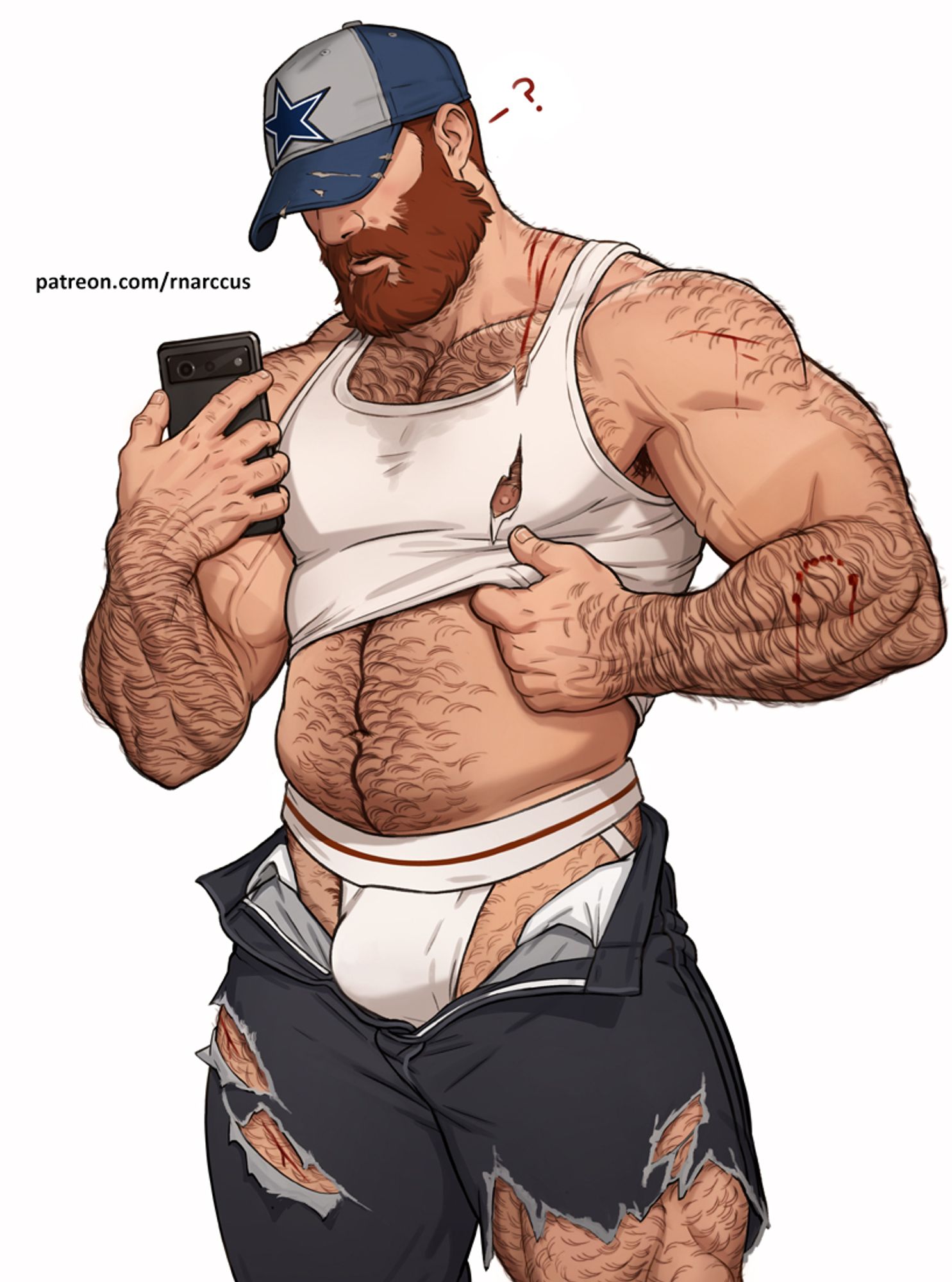 Drawing of a muscular, hairy, red haired man wearing a hat, jeans, and tank top.  He has scratches and a bite mark on his arm, and both his tank top and jeans are torn up.