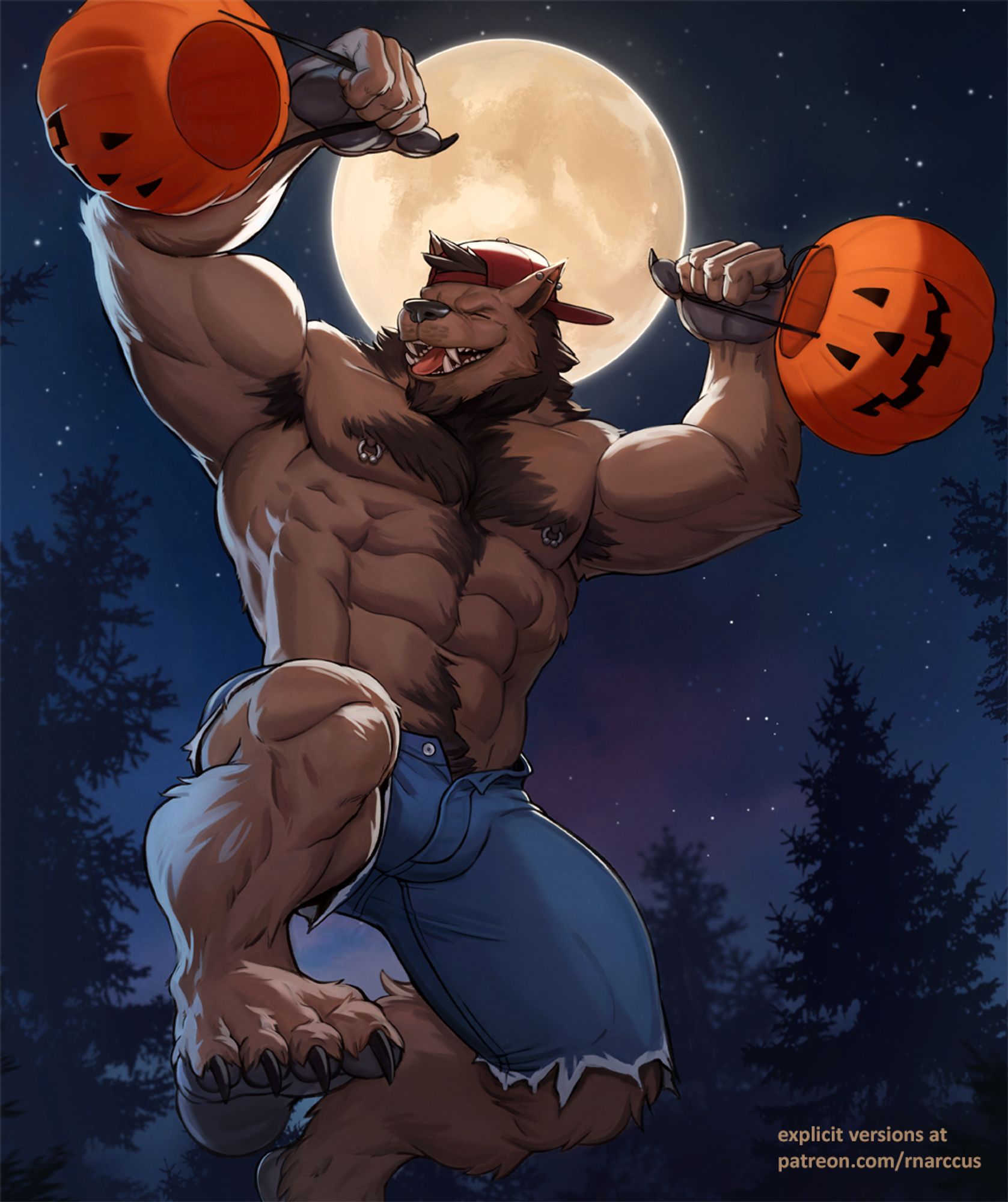 A muscular shirtless werewolf leaps into the air while holding two pumpkin candy buckets