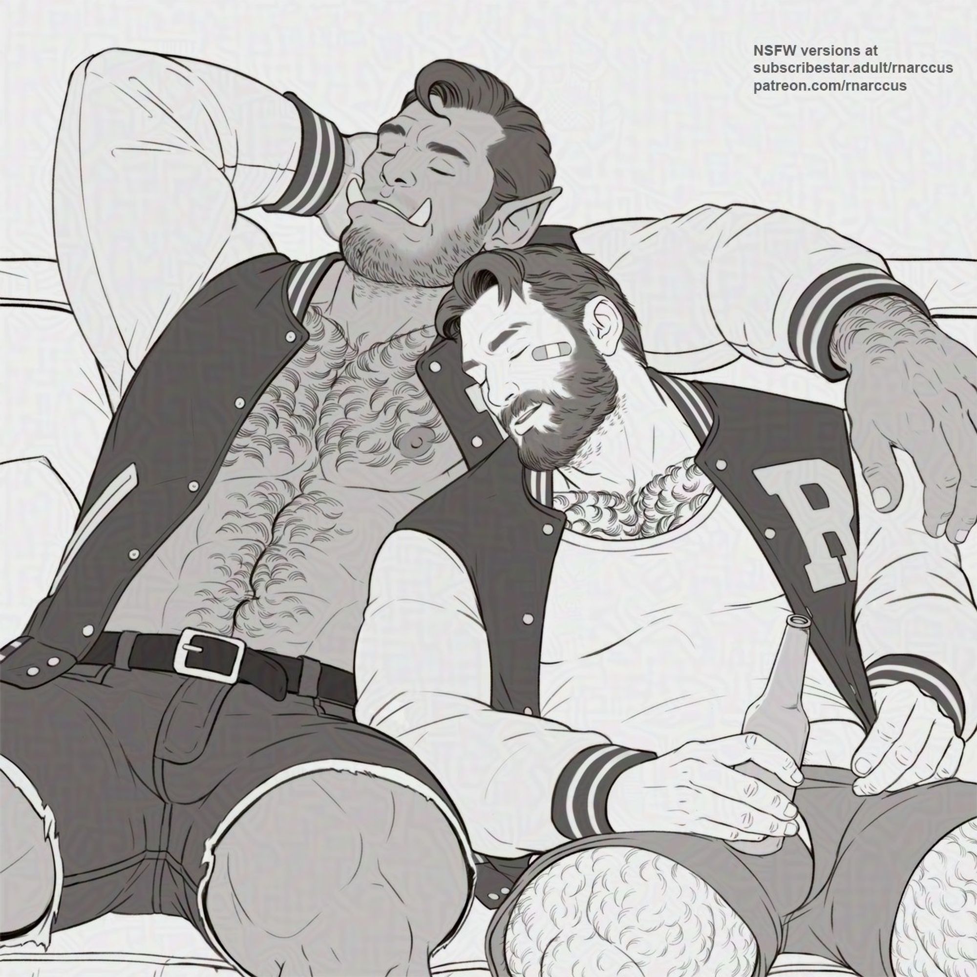 A drawing of a half orc and a human jock asleep on the couch together