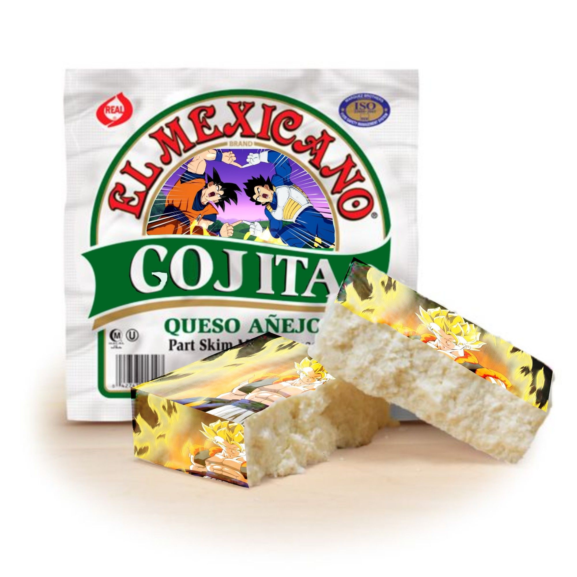 An ad for el Mexicano brand cotija cheese. It has been edited to read Gojita, and the box design now shows Goku and Vegeta in the middle of performing the fusion dance. The partly crumbled block of cheese has and image of the fused super saiya-jin 2 Gogeta imposed on the flat surfaces.