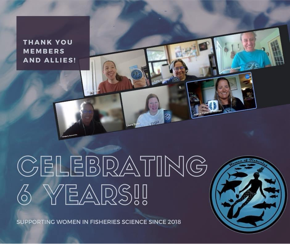 Photo of the 6 women of fisheries board members and a banner that says celebrating 6 years!