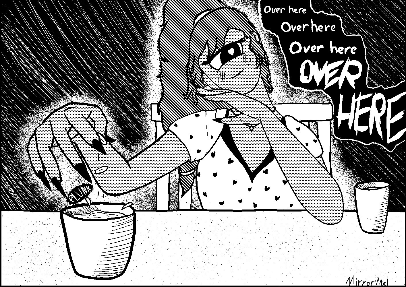 A cyclops girl with a heart in her eye distracts the viewer saying "Over here" with increasing intensity. On the opposite side of the picture she's sneakily dropping pills into the viewer's drink.