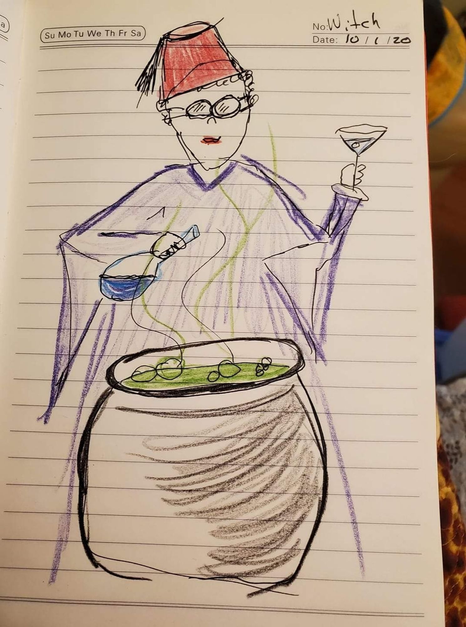 Pen and colored pencil on lined notebook paper. Alchemy witch creating a potion. A figure in a purple robe with pointed sleeves, wearing a fez and safety goggles, is behind a large cauldron full of bubbling green liquid. She is pouring blue liquid from a beaker and holding a cocktail.