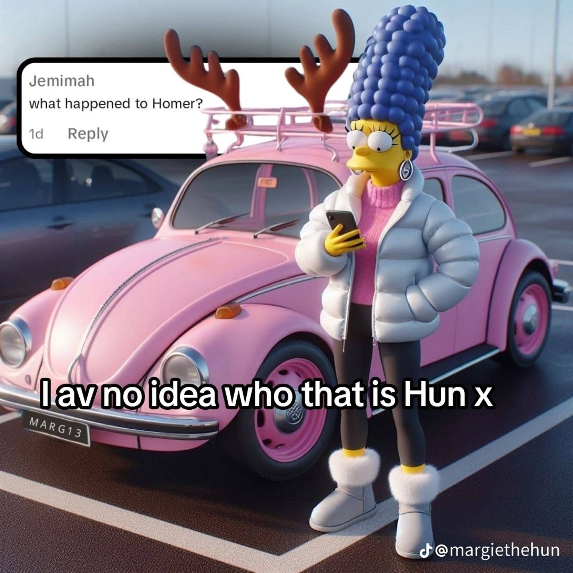 margie standing in front of her pink car, which has novelty antlers attached to the roof. the registration is "MARG13". she's included a screenshot of a tiktok comment which asks "what happened to Homer?". her response is the caption, which reads "I av no idea who that is Hun x"