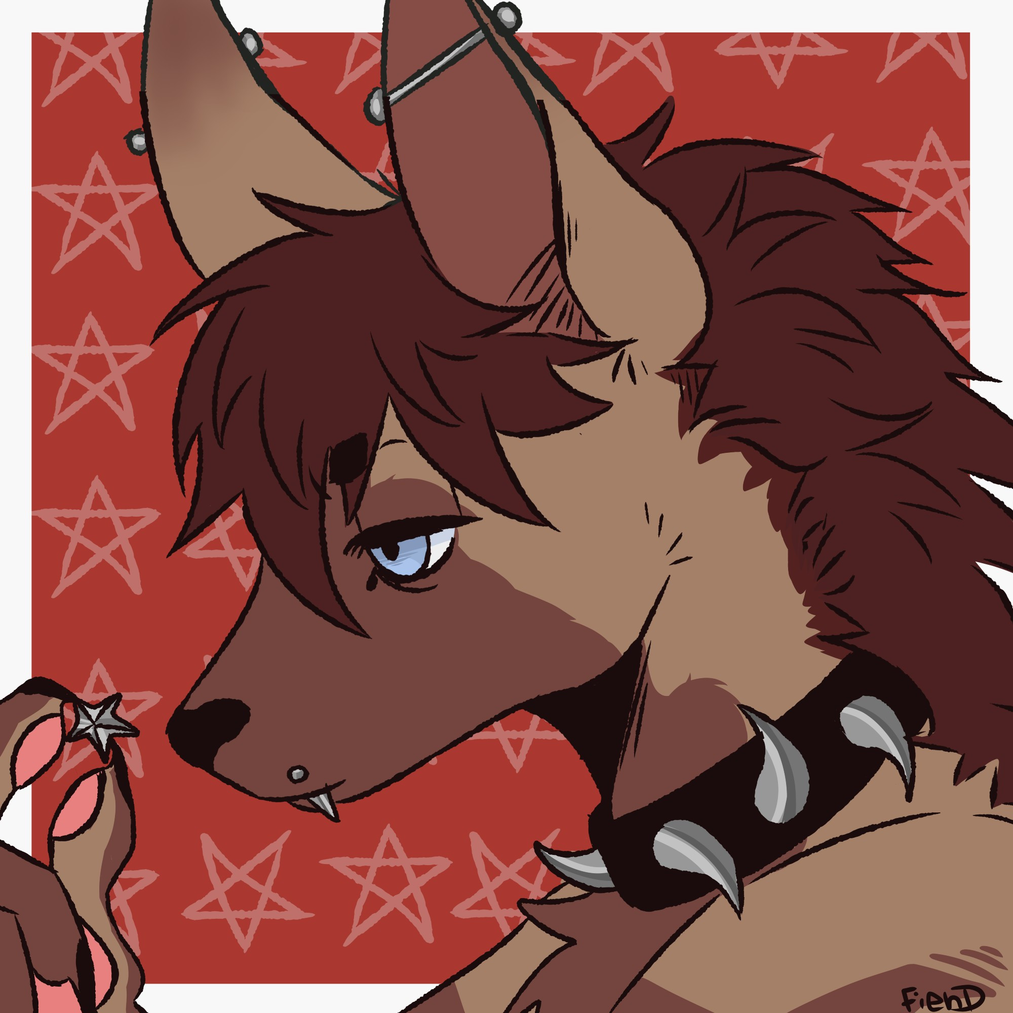 Hyena Fursona tiredly looking at a metal star it is holding 