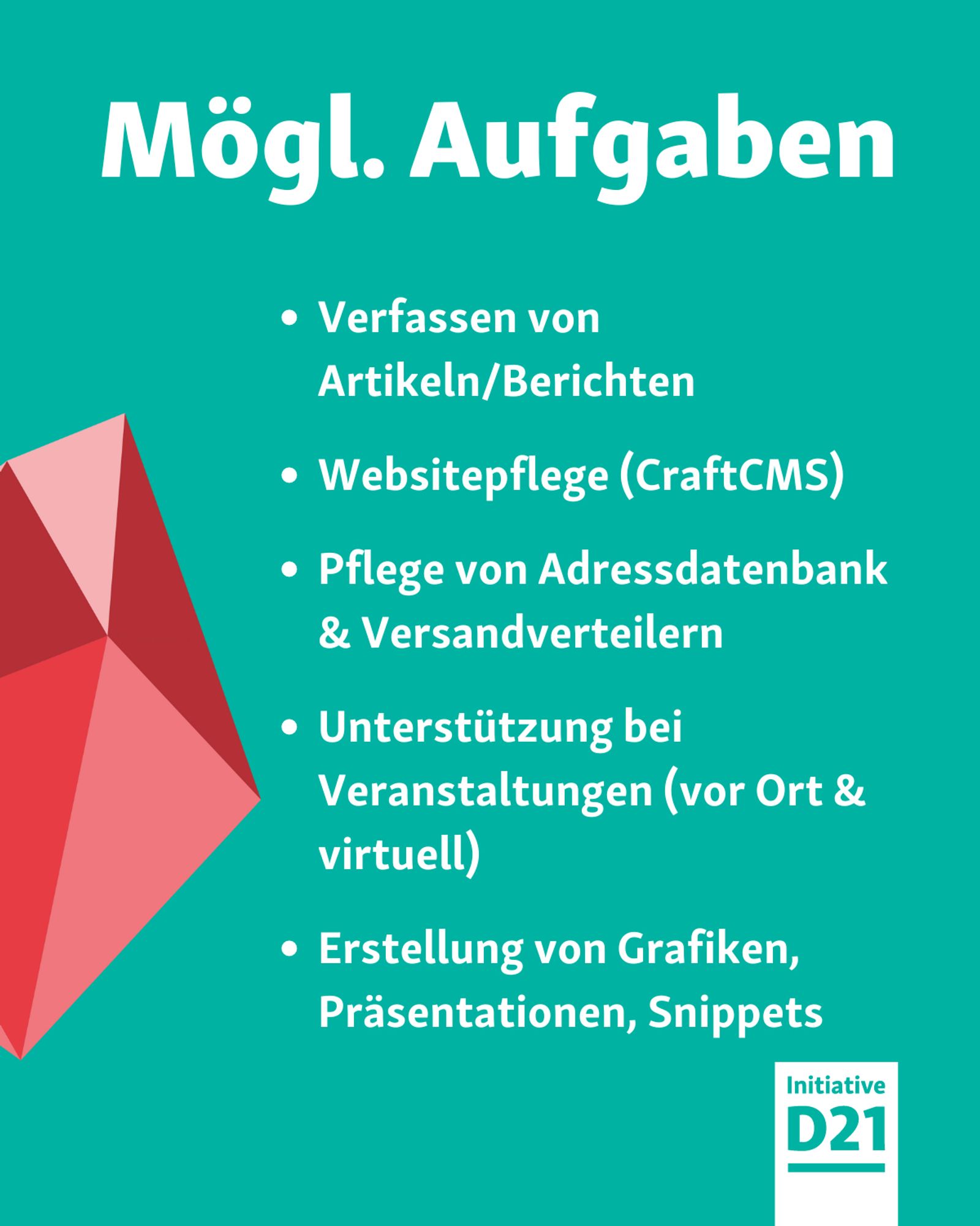 Mögliche Aufgaben: Verfassen von Artikeln/Berichten, Websitepflege (CraftCMS), Pflege von Adressdatenbank & Versandverteilern, Unterstützung bei Veranstaltungen (vor Ort & virtuell) , Erstellung von Grafiken, Präsentationen, Snippets