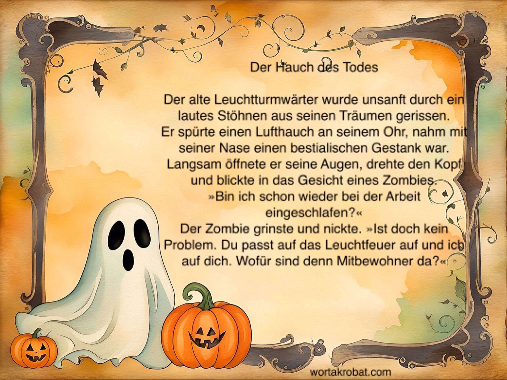 Der Hauch des Todes

Der alte Leuchtturmwärter wurde unsanft durch ein lautes Stöhnen aus seinen Träumen gerissen.
Er spürte einen Lufthauch an seinem Ohr, nahm mit seiner Nase einen bestialischen Gestank war.
Langsam öffnete er seine Augen, drehte den Kopf und blickte in das Gesicht eines Zombies.
»Bin ich schon wieder bei der Arbeit eingeschlafen?«
Der Zombie grinste und nickte. »Ist doch kein Problem. Du passt auf das Leuchtfeuer auf und ich auf dich. Wofür sind denn Mitbewohner da?«