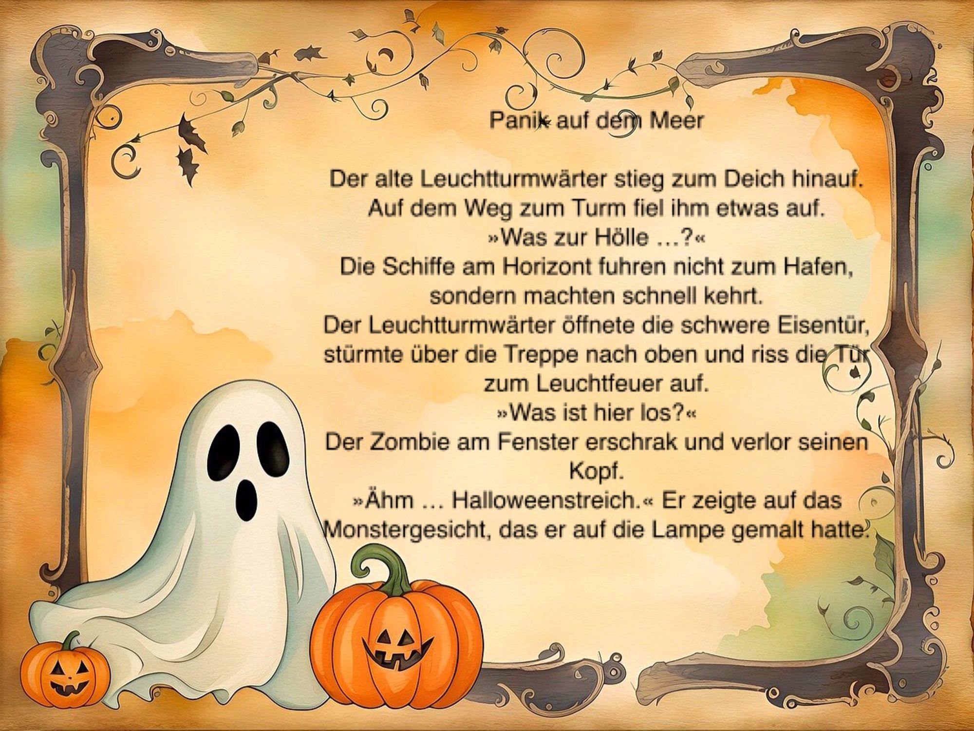 Panik auf dem Meer

Der alte Leuchtturmwärter stieg zum Deich hinauf. Auf dem Weg zum Turm fiel ihm etwas auf.
»Was zur Hölle …?«
Die Schiffe am Horizont fuhren nicht zum Hafen, sondern machten schnell kehrt.
Der Leuchtturmwärter öffnete die schwere Eisentür, stürmte über die Treppe nach oben und riss die Tür zum Leuchtfeuer auf.
»Was ist hier los?«
Der Zombie am Fenster erschrak und verlor seinen Kopf.
»Ähm … Halloweenstreich.« Er zeigte auf das Monstergesicht, das er auf die Lampe gemalt hatte.