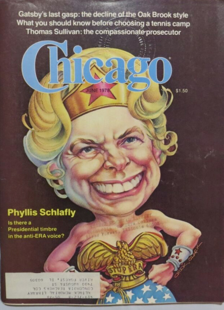 Image of Schlafly as a wrestling queen. Chicago magazine June 1978. 
