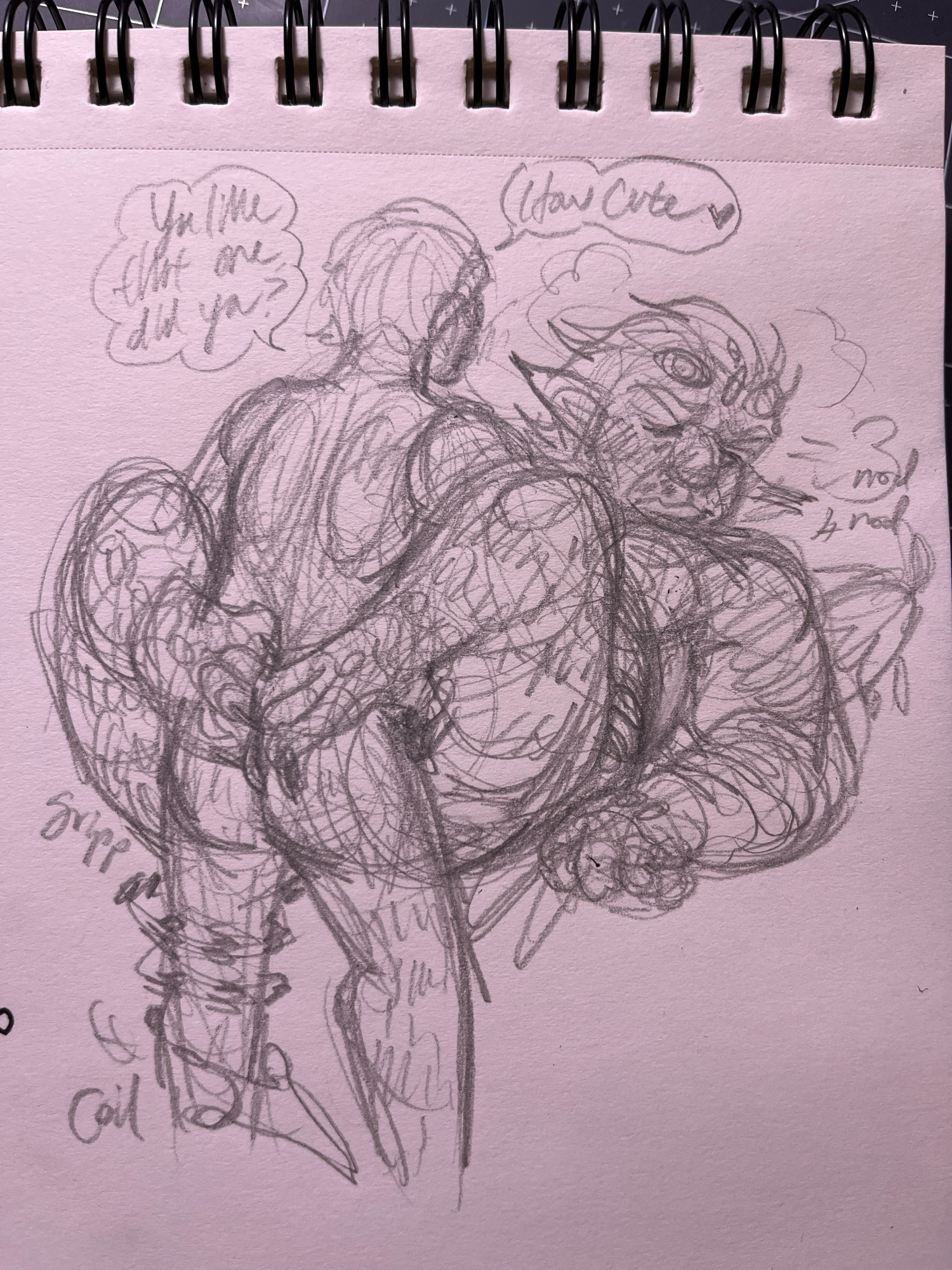 This is a sketch of Hoskins and Roadie, his human-looking fae partner, starting to have sex. Hoskins is on his back, legs bowed around roadie’s hips, his avian feet gripping at Roadie’s back to bring him closer. His tail wraps around Roadie’s leg as his fingers knead the bedspread. Roadie has his back to the camera. His face isn’t visible but he’s clearly enjoying himself as he asks “You like that one, did you?” Hoskins looks off to the side with his eyes partly closed, nodding and huffing breath. Roadie then goes “How cute 🩷”