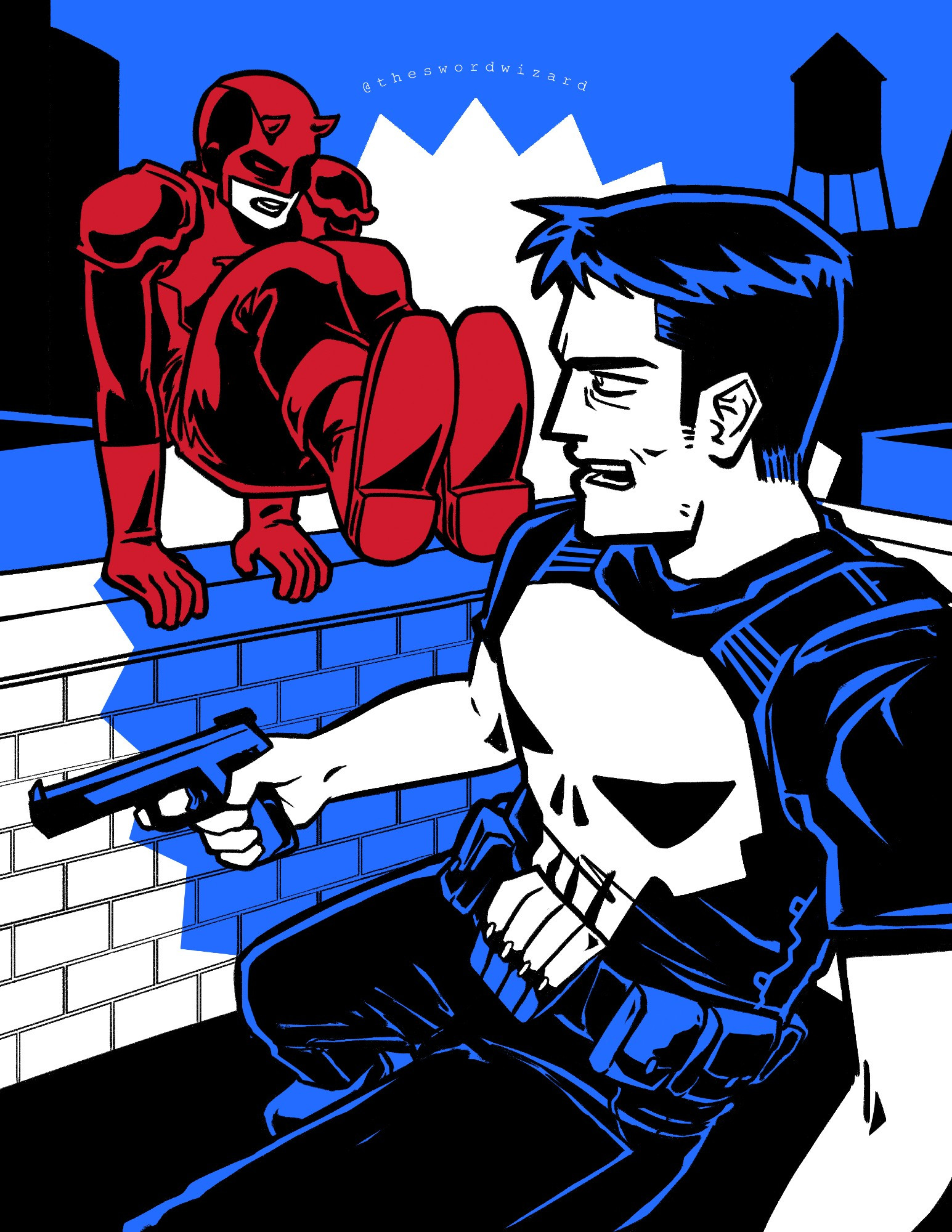 The Punisher on a rooftop holding a gun, yelling as Daredevil jumps over the edge onto the roof, both legs up to kick him.