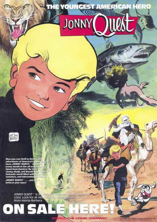 Comico poster for Jonny Quest. It features multiple scenes including one of Jonny diving near sharks. Art by Doug Wildey.