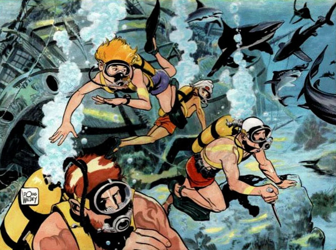 The Quest Team diving in scuba gear near a shipwreck, among a swarm of sharks. Art by Doug Wildey.