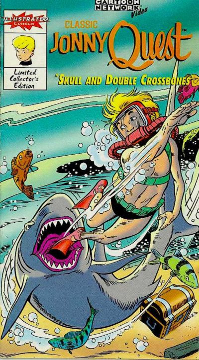 Jonny Quest in scuba gear swimming away from an attacking shark. Cover of Classic Jonny Quest "Skull and Double Crossbones" mini-comic.