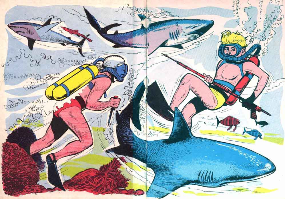 Race Bannon and Jonny Quest swimming among sharks. From a Jonny Quest Annual.