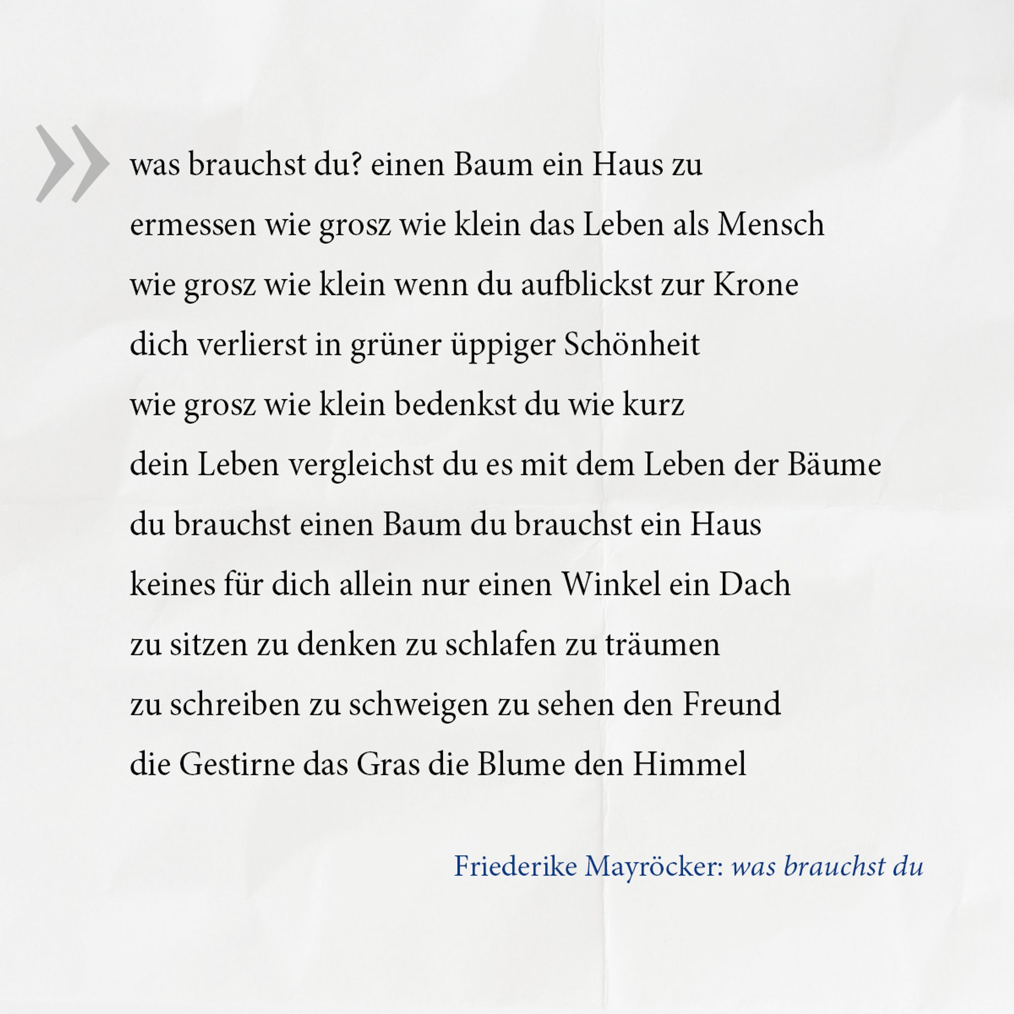 was brauchst du? einen Baum ein Haus zu
ermessen wie grosz wie klein das Leben als Mensch
wie grosz wie klein wenn du aufblickst zur Krone
dich verlierst in grüner üppiger Schönheit
wie grosz wie klein bedenkst du wie kurz
dein Leben vergleichst du es mit dem Leben der Bäume
du brauchst einen Baum du brauchst ein Haus
keines für dich allein nur einen Winkel ein Dach
zu sitzen zu denken zu schlafen zu träumen
zu schreiben zu schweigen zu sehen den Freund
die Gestirne das Gras die Blume den Himmel